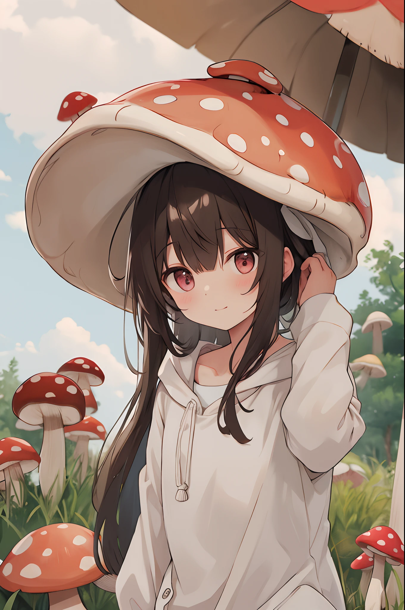 ((masterpiece, high quality, best quality)) 1 girl, (oppai loli), (long brown hair and glowing green eyes), glossy skin, blushing, slender, slim, anatomically correct, large breasts, SFW, forest, Mushroom_Girl, Glowing, red cap, neon, red dress