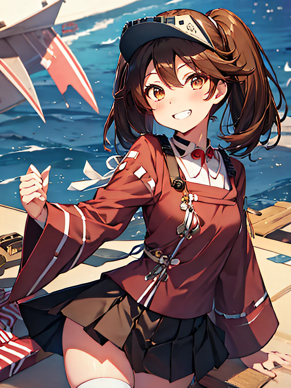 Best Quality, masutepiece, hight resolution, Solo, {Ryujō_Kantai Collection:1.15}, brown_hair, Twin-tailed, brown_Eyes, magatama, visor_Cap, kariginu, long_hair, Smile, Open_Mouth, 1girl in, Japanese_Clothes, up looking_で_viewer, Onmeiji, sscroll, Shikigami, Skirt, grin, pleats_Skirt