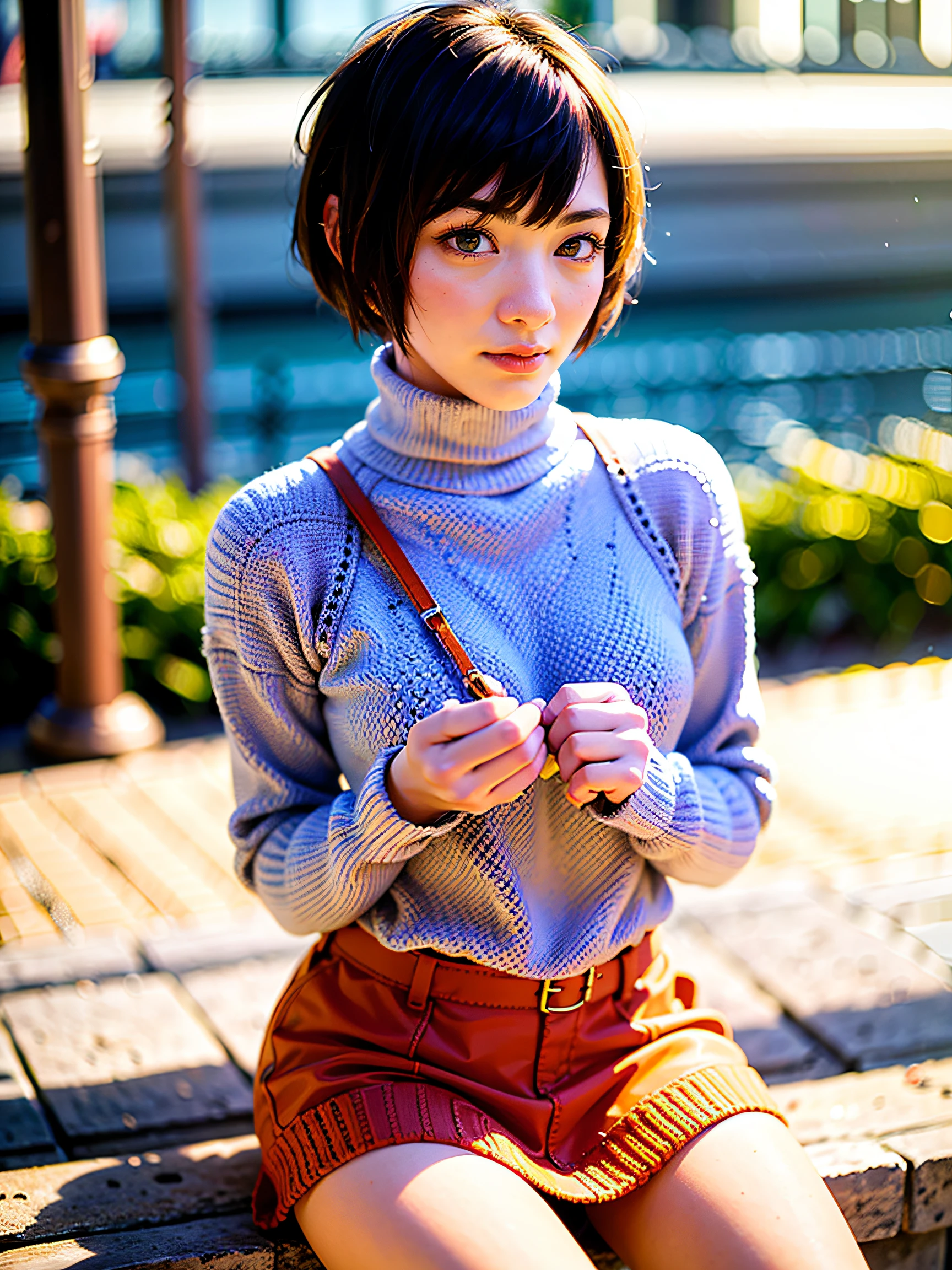 posing for a photo, (pixie_cut short_hair:1.9) good hand,4k, high-res, masterpiece, best quality, head:1.3,((Hasselblad photography)), finely detailed skin, sharp focus, dynamic angle, (detailed face:1.2), (((5 stars hotel))), outside, tiny_head:1.2, cable_knit:1.2, turtleneck:1.4, Eyes in good shape。Brown-eyed、dark brown short hair、good lips、Small lips、Natural_makeup、Best Quality, masutepiece, ultra-detail, (cable_knit turtleneck :1.5), (orange_colored_sweaters:1.5), big_eyeglasses:1.5 超A high resolution, Realistic,wide_angle, tiny head, ((((solo)))), orange_skirt:1.5, sitting, black fur boots