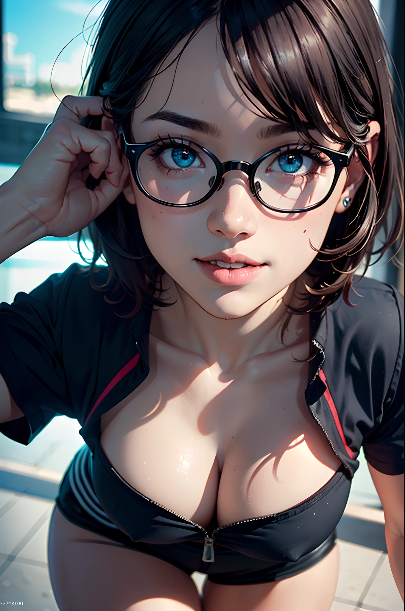 (best quality,4k,8k,highres,masterpiece:1.2),ultra-detailed,(realistic,photorealistic,photo-realistic:1.37), 1girl,rounded glasses,big glasses,beautiful detailed eyes, deep v cleavage, beautiful detailed lips,extremely detailed eyes and face,smiling,looking at the camera,short messy hair,dark-skinned, rounded eyes,cyan blue shirt,black shorts,close up,magazine shot,dynamic pose,studio lighting,vivid colors,portraits
