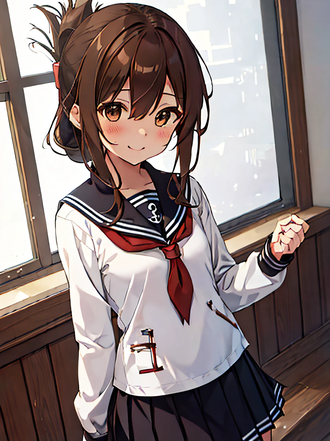 best quality, masterpiece, highres, solo, {inazuma_kantaicollection:1.15}, brown_hair, folded_ponytail, brown_eyes, serafuku, long_hair, blush, open_mouth, smile, 1girl, anchor_symbol, black_skirt, long_sleeves, looking_at_viewer, neckerchief, pleated_skirt, red_neckerchief, sailor_collar, school_uniform, skirt,