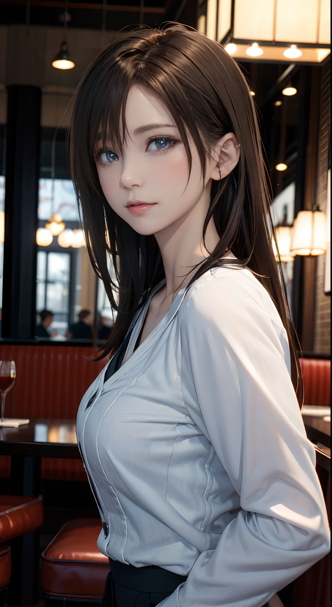 masutepiece, Best Quality, Photorealistic, Ultra-detailed, finedetail, High resolution, 8K Wallpaper, 1 beautiful woman, Wear casual business wear, In a great restaurant, At night, light brown messy hair, Perfect dynamic composition, Beautiful detailed eyes