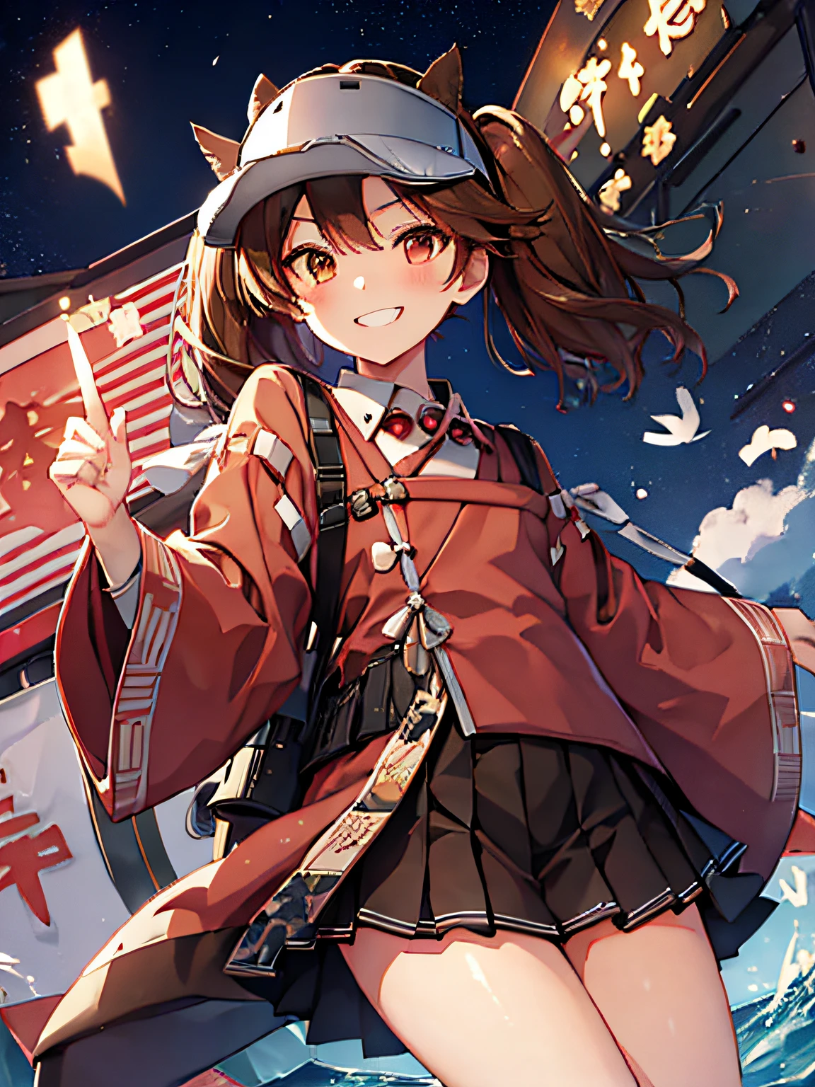 Best Quality, masutepiece, hight resolution, Solo, {Ryujō_Kantai Collection:1.15}, brown_hair, Twin-tailed, brown_Eyes, magatama, visor_Cap, kariginu, long_hair, Smile, Open_Mouth, 1girl in, Japanese_Clothes, up looking_で_viewer, Onmeiji, sscroll, Shikigami, Skirt, grin, pleats_Skirt