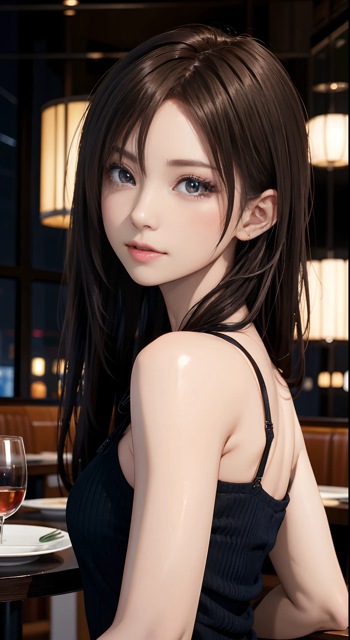 masutepiece, Best Quality, Photorealistic, Ultra-detailed, finedetail, High resolution, 8K Wallpaper, 1 beautiful woman, Wear casual business wear, In a great restaurant, At night, light brown messy hair, Perfect dynamic composition, Beautiful detailed eyes