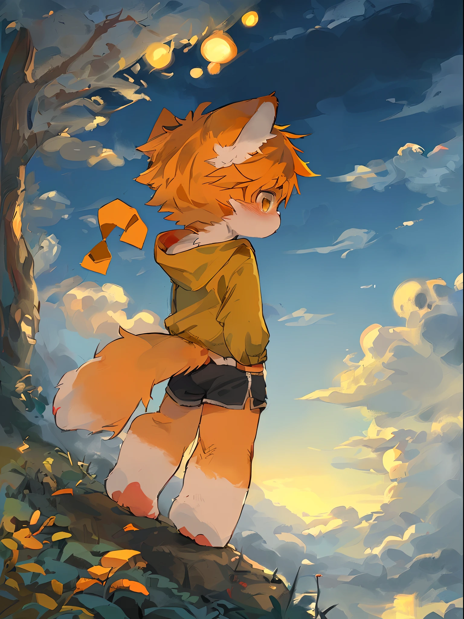 Masterpiece, high quality, absurd resolution, digital painting \ (artwork \), by dagasi, yupa, kiyosan, (fluffy fur,orange fur, full body fur,) boys, one person, yellow hair, shorts, cat feet, ,character turn back, Detailed background, cloud background, night, yellow jacket