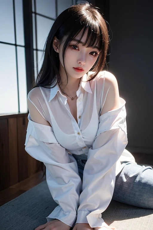 masterpiece, best quality, Very detailed, Facing the camera, Very detailed, Practical, Distinctive features, Very detailed, Clear focus, Perfect face, Perfect eyes with perfect symmetry, Perfect plump lips, Flexible female form, Movie, lamp, Very detailed, hyper Practical, masterpiece, atmosphere, high resolution, Energetic, Dynamic studio lamp light, ((Dark background)), Endure the expression of happiness, Straight bangs, Blue eyes,Expression of sexual arousal、Her black thong can be seen through the fabric、 (((Kneel down,The crotch opens)))、(((Urinating)))