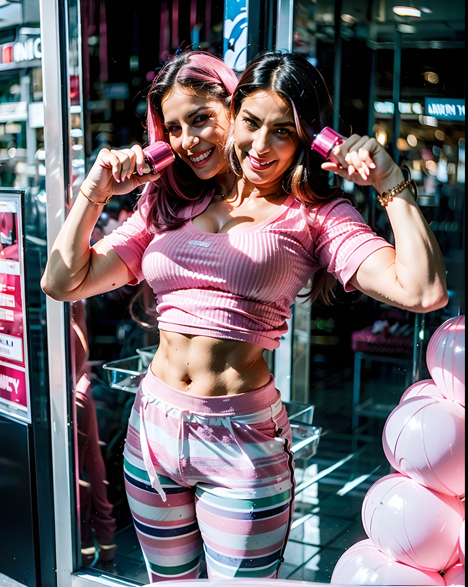 (((2heads))),obese,1man, white skinned italian,40 years old,working in a mall clothing store, best quality, (mall:1.2), ((wearing a striped light pink hot pink shirt)), ((tight striped hot pink pants)), pants, gorgeous, (((big bulge))),, fluorescent lighting, (dynamic pose:1), soft lighting, wind, photography, masterpiece, no facial hair,no body hair, wide hips, wide chest, wide waist, holding a perfume bottle,full body, feminine face, thick pink glossy lips,smiling, (white gooey liquid on skin)