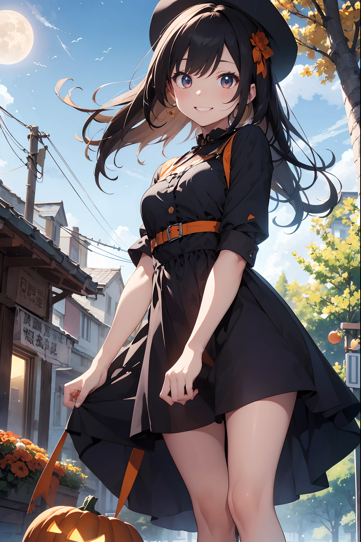 [(((green))):0.9] Has hair and eyes [((cute)):1.3] An illustration depicting a fantasy world in which a girl is the main character。She's dressed up in a Halloween costume.、She wears a black dress with orange ribbons and pumpkin accessories。She is smiling and reaching for the moon in the sky。The background is a fantasy world、Colorful flowers and trees、Animals and birds、The moon and stars are depicted。The background is three-dimensional and detailed.、The texture and light source are also realistically reproduced.。This illustration is、It expresses her charm and artistry。