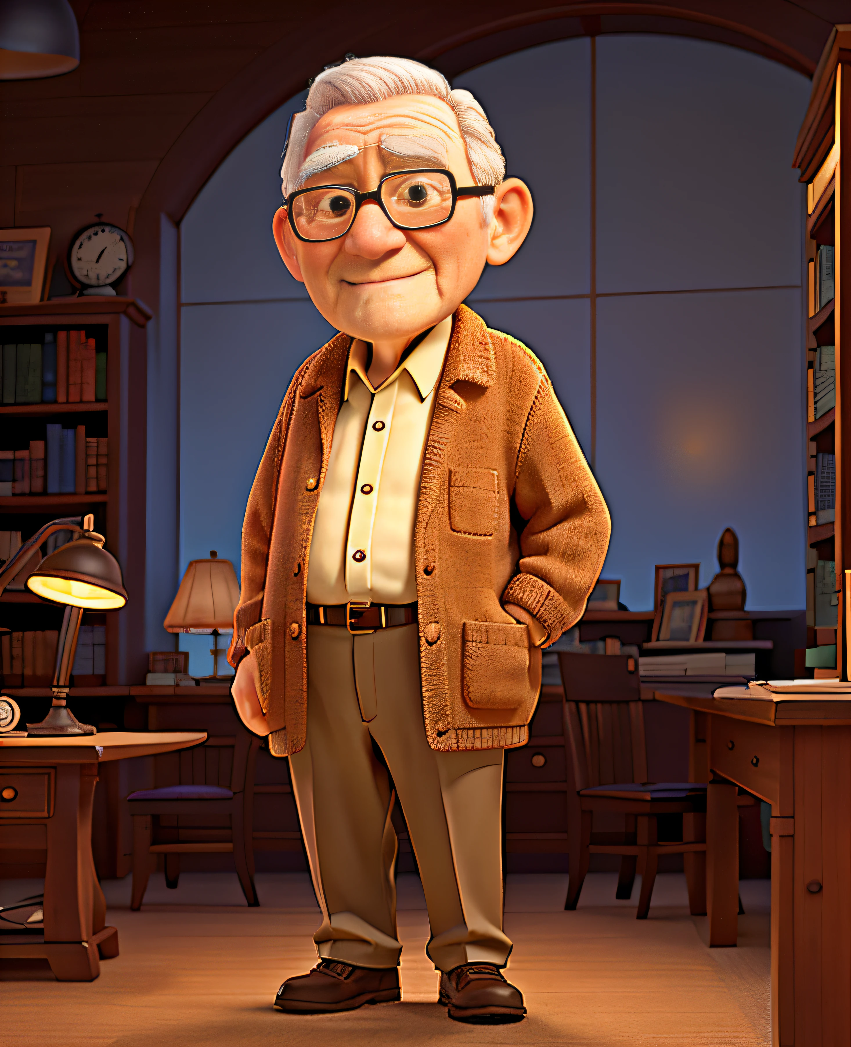 A wise old man standing in front, illuminated by the light of a lamp, against the backdrop of a library