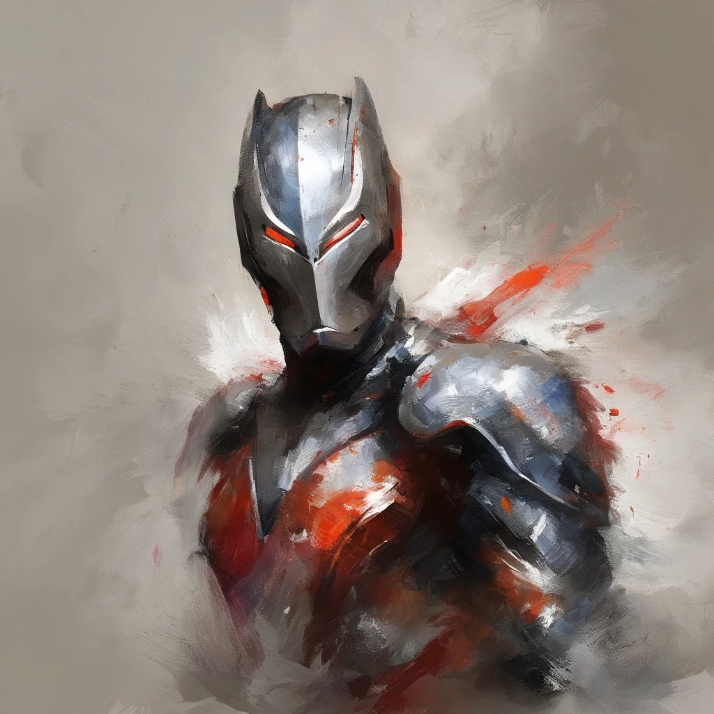 Portrait of Ultraman ， （Best quality， tmasterpiece）， 1人， looking at viewert， face guard ，cobweb， Story background， upper part of body， Contemporary，Ultraman Tiga clothing。[dot paper effect]
