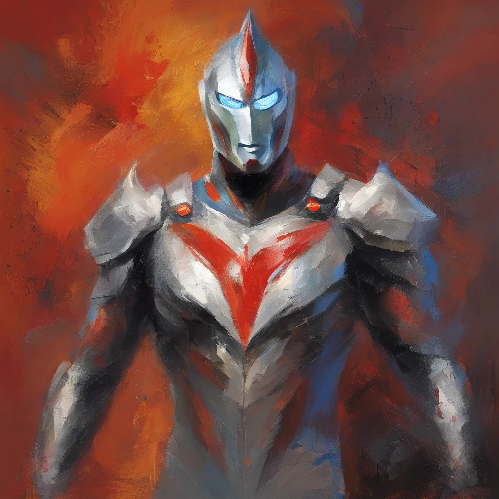 Portrait of Ultraman ， （Best quality， tmasterpiece）， 1人， looking at viewert， face guard ，cobweb， Story background， upper part of body， Contemporary，Ultraman Tiga clothing。[dot paper effect]