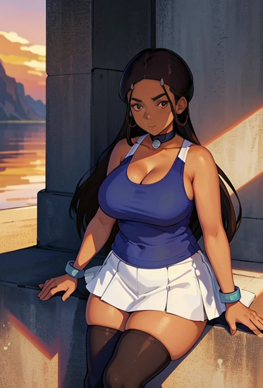 masterpiece, best quality, 1girl, katara, dark skin, ((chubby body)), fat belly, cleavage, long open hair, jewelry, looking at viewer, (blue tank top) , short white tennis upskirt, long legs, thigh high socks, sunset, blue eyes, adult