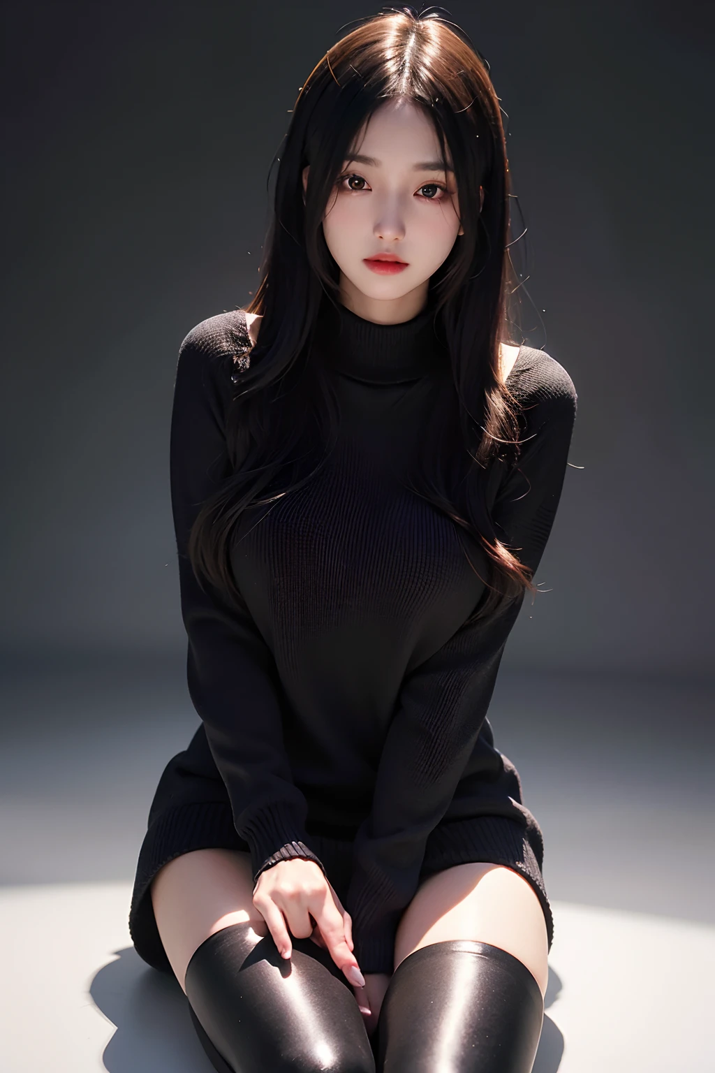 超A high resolution,masutepiece,Best Quality,
extremely delicate face,Detailed eyes,very intricate,perfect glossy shiny skins,Perfect Lighting,Detailed Lighting,Dramatic shadows,Ray tracing,
1girll,full body Esbian,Black sweater,view the viewer,
