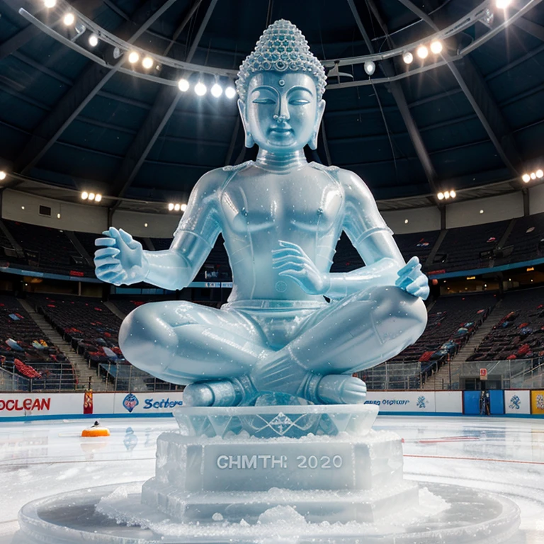 ice sculpture of skating Buddha, sports, skating track, icy stadium, motion blur