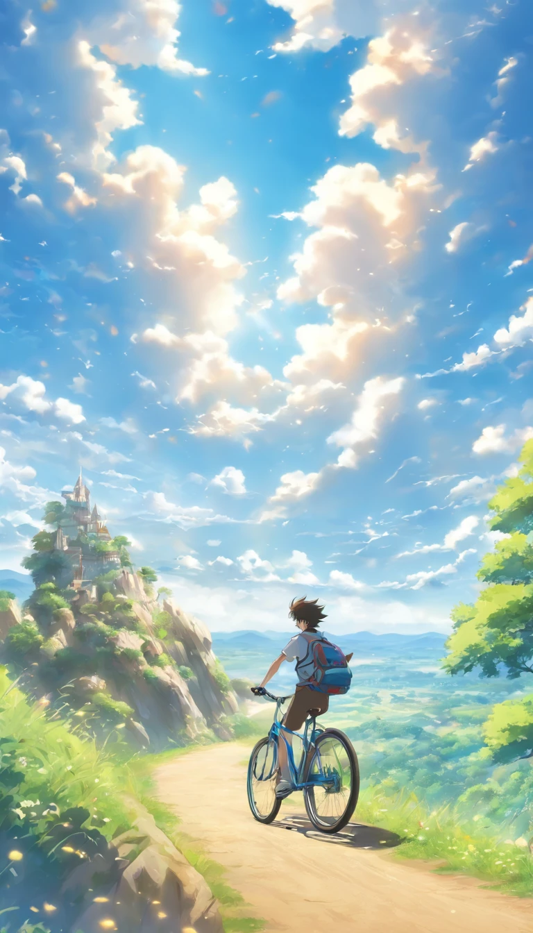 Lunch time、vast scenery、High quality down to the details。young man riding a bike、profile、Beautiful blue sky、A clear sky、fantastic landscape、People are big。