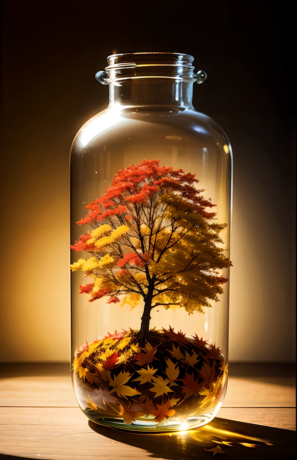 autumn leaves tree in a bottle、fluffly、realisitic、Refraction of atmospheric light、Nikon D850 Film Stock Photo by Lee Jefferies 4 Kodak Portra 400 Camera F1.6 lenses Rich colors Ultra-realistic textures Dramatic lighting Unreal Engine Cinestir 800 trending at Art Station、Style Glass