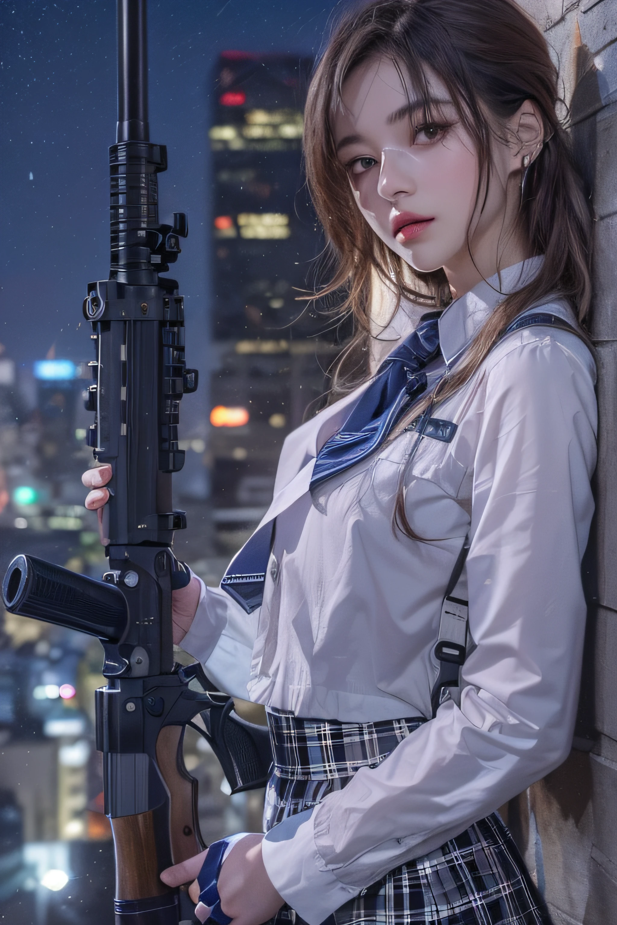 1womanl、(Super beautiful)、(beauitful face:1.5)、(A detailed face:1.4)、is standing、(high-school uniform)、Dark blue jacket、white shirt、neck tie、Plaid mini skirt、Brown hair、(Dark makeup)、(holding rifle)、(Aim your rifle:1.5)、h&K HK416、(On the roof of a high-rise building)、(Night:1.2)