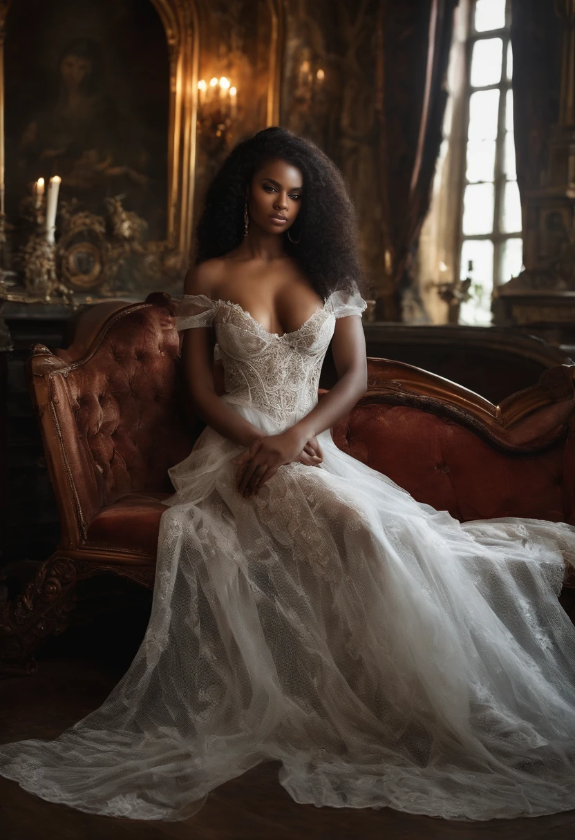 Girl, African American, but with long curly hair, exotic beauty, charismatic, exquisite beauty, slender figure, third size breasts, naked in transparent lingerie, dressed in Gothic style, lying on a bed in a room in a Victorian castle, Victorian style, Gothic, exquisite erotica, masterpiece, artistic photography, artistic photography, artistic painting, 8k, cinematic quality
