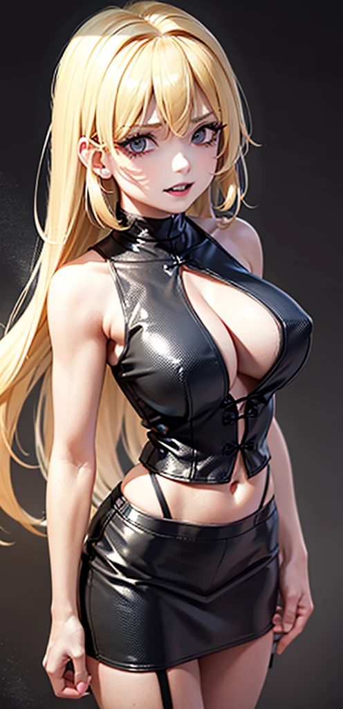 (8k), sharp focus, highres, 1girl, alice, upper body, arisdef, blonde hair, (sash, bow, hair band), Gigantic breasts, dress, (high quality:1.2), (high detail:1.2), (masterpiece:1.2), (extremely detailed:1.2), cleavage, muscular arms, muscular, very muscular, very muscular arms, large muscles, super muscular,angry, evil, smug, smirk, sharp teeth, vampire teeth, black mascara, black eyeliner, black lips, black lipstick, fishnet, fishnet dress, bare midriff, navel, six pack, abs