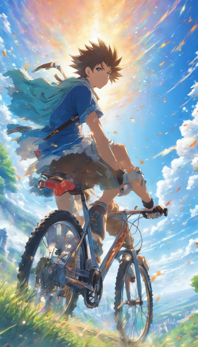 Lunch time、vast scenery、High quality down to the details。young man riding a bike、profile、Beautiful blue sky、A clear sky、fantastic landscape、People are big。