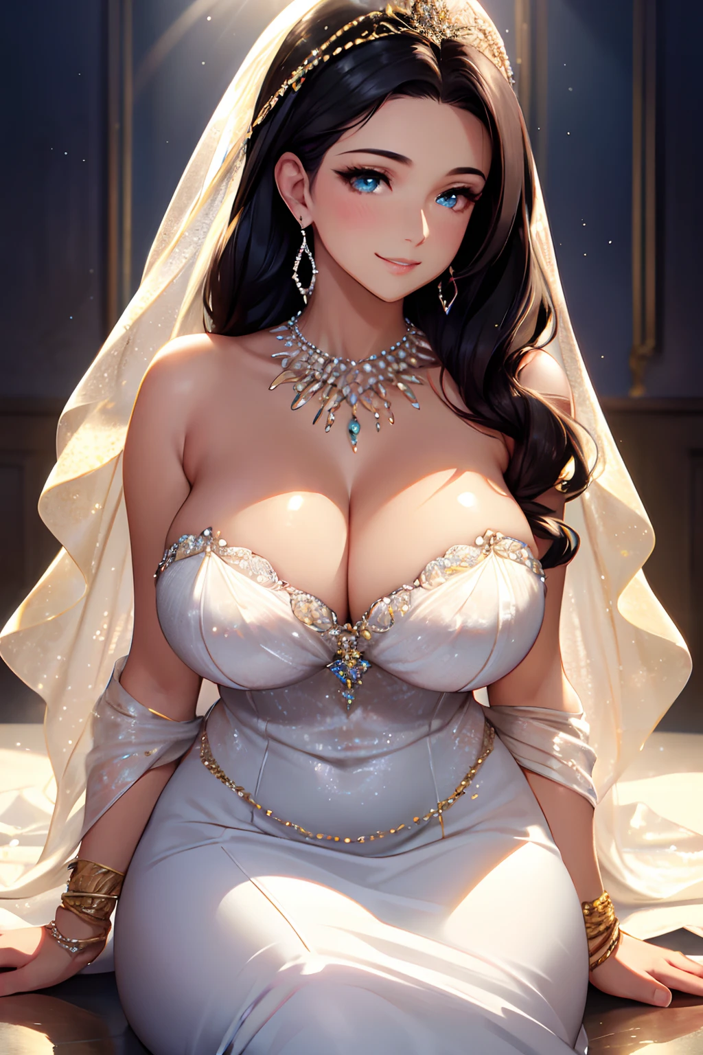 (High quality, High resolution, Fine details, Realistic), Sparkling diamonds, luminous gemstones, gorgeous pearls, shimmering gold, shimmering silver, elegant necklaces, delicate bracelets, glamorous earrings, trendy hairstyles, solo, Curvy women, black hair, sparkling eyes, (Detailed eyes), smile, blush, Large breasts, Oily skin, vibrant colors, soft and warm lighting, reflections and refractions, subtle shadows