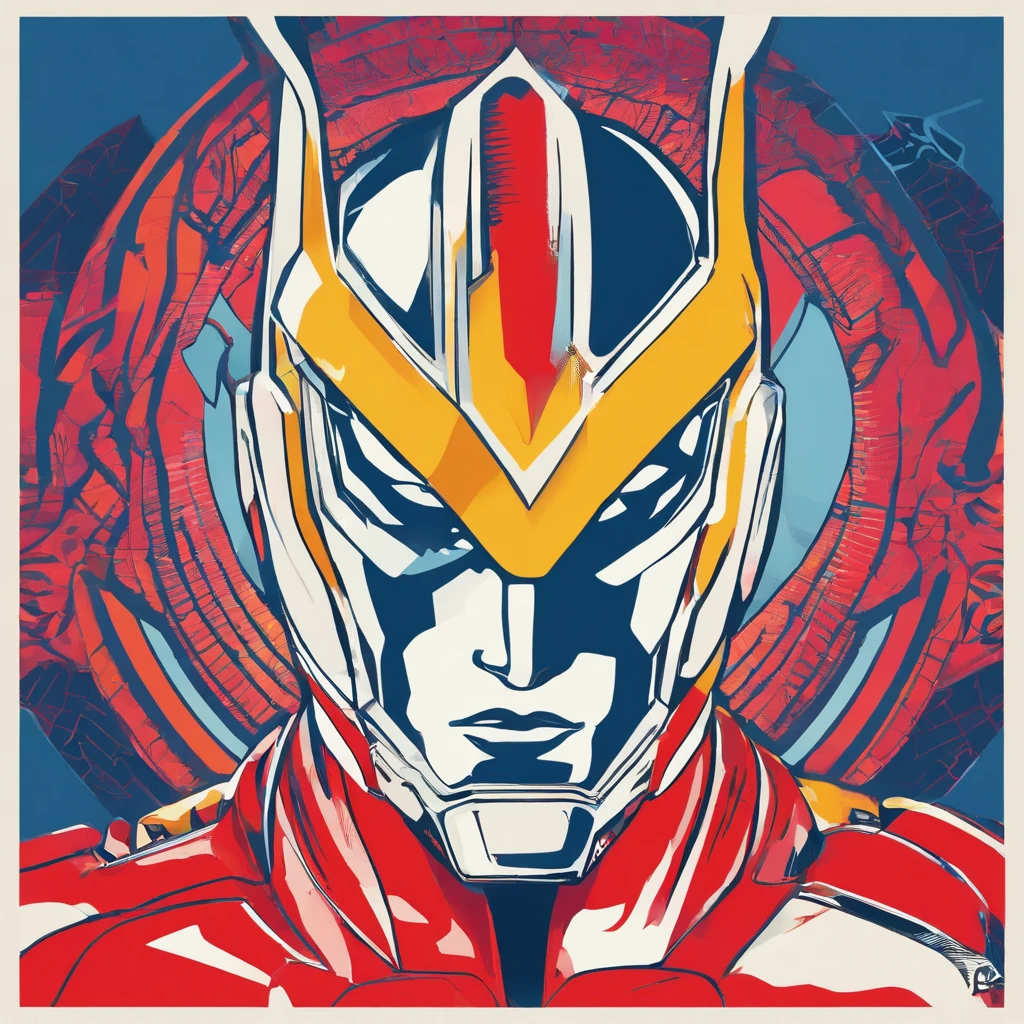 Portrait of Ultraman ， （Best quality， tmasterpiece）， 1人， looking at viewert， face guard ，cobweb， Story background， upper part of body， Contemporary，Ultraman Tiga clothing。[dot paper effect]