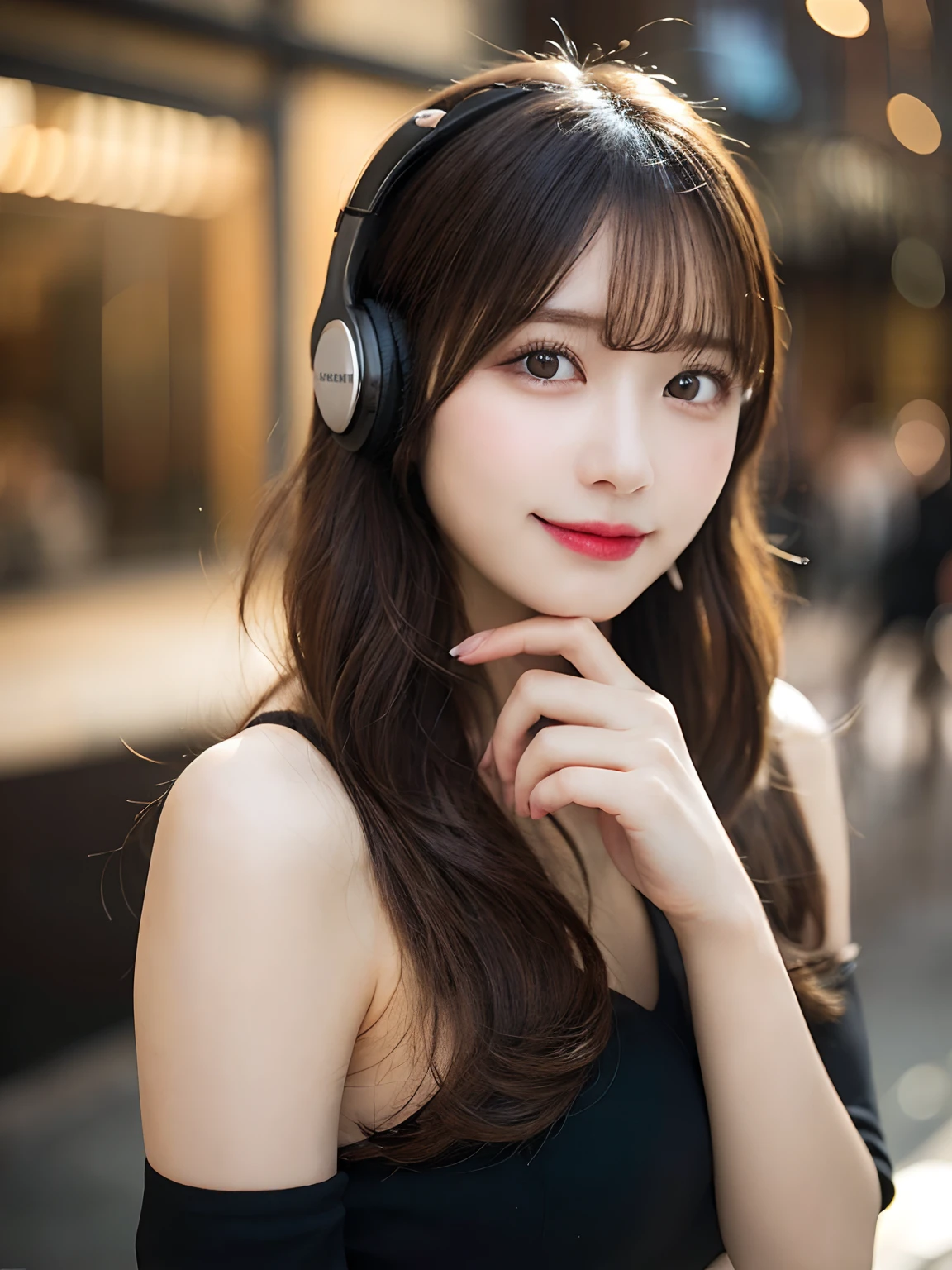 masutepiece, Best Quality, Illustration, Ultra-detailed, finely detail, hight resolution, 8K Wallpaper, Perfect dynamic composition, Beautiful detailed eyes, Black cabades,Wearing headphones、DJ Booth,Medium Hair,Natural Color Lip, Bold sexy poses,Smile,Harajuku、20 years girl、Cute、Sexy shot looking at camera、D cup tits、Brown hair、face like castes、Blurred club background