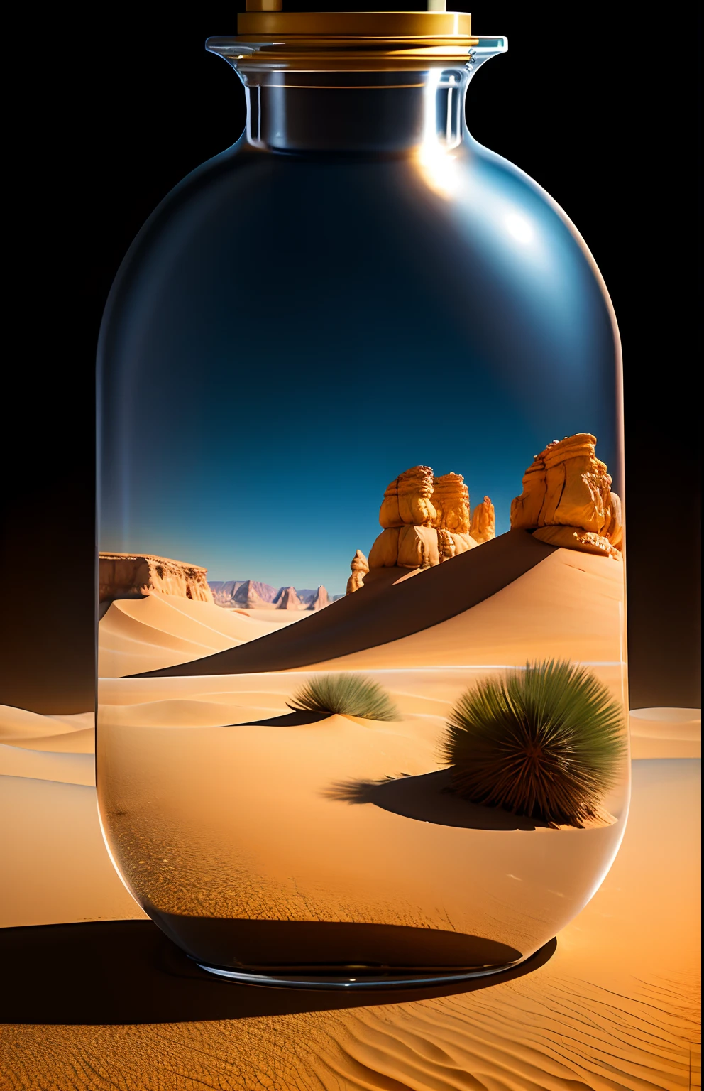 desert in a bottle、fluffly、realisitic、Refraction of atmospheric light、Nikon D850 Film Stock Photo by Lee Jefferies 4 Kodak Portra 400 Camera F1.6 lenses Rich colors Ultra-realistic textures Dramatic lighting Unreal Engine Cinestir 800 trending at Art Station、Style Glass