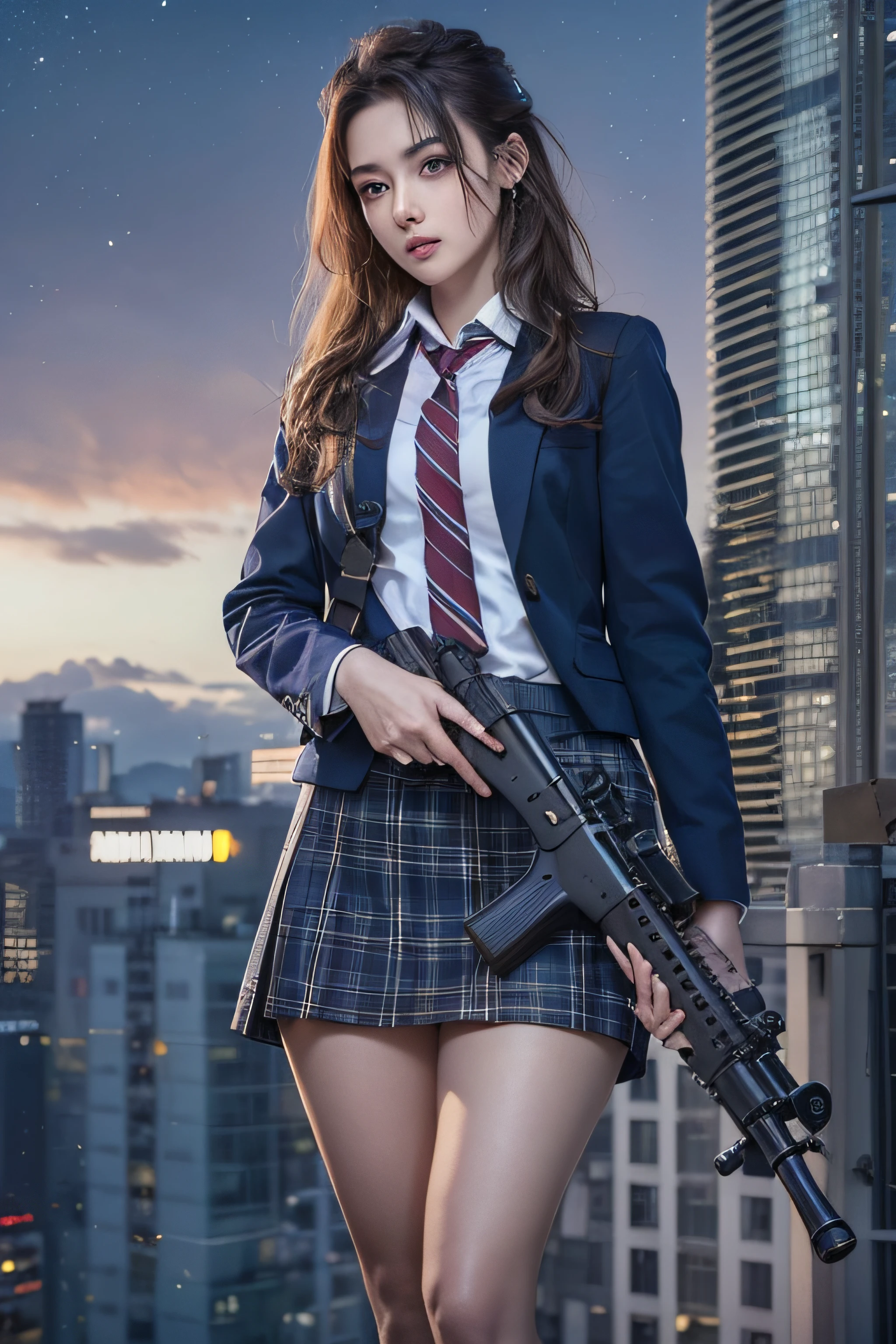 1womanl、(Super beautiful)、(beauitful face:1.5)、(A detailed face:1.5)、is standing、(high-school uniform)、Dark blue jacket、white  shirt、neck tie、Plaid mini skirt、Brown hair、(Dark makeup)、(holding rifle)、(Aim your rifle:1.5)、h&K HK416、(On the roof of a high-rise building)、(Night:1.2)