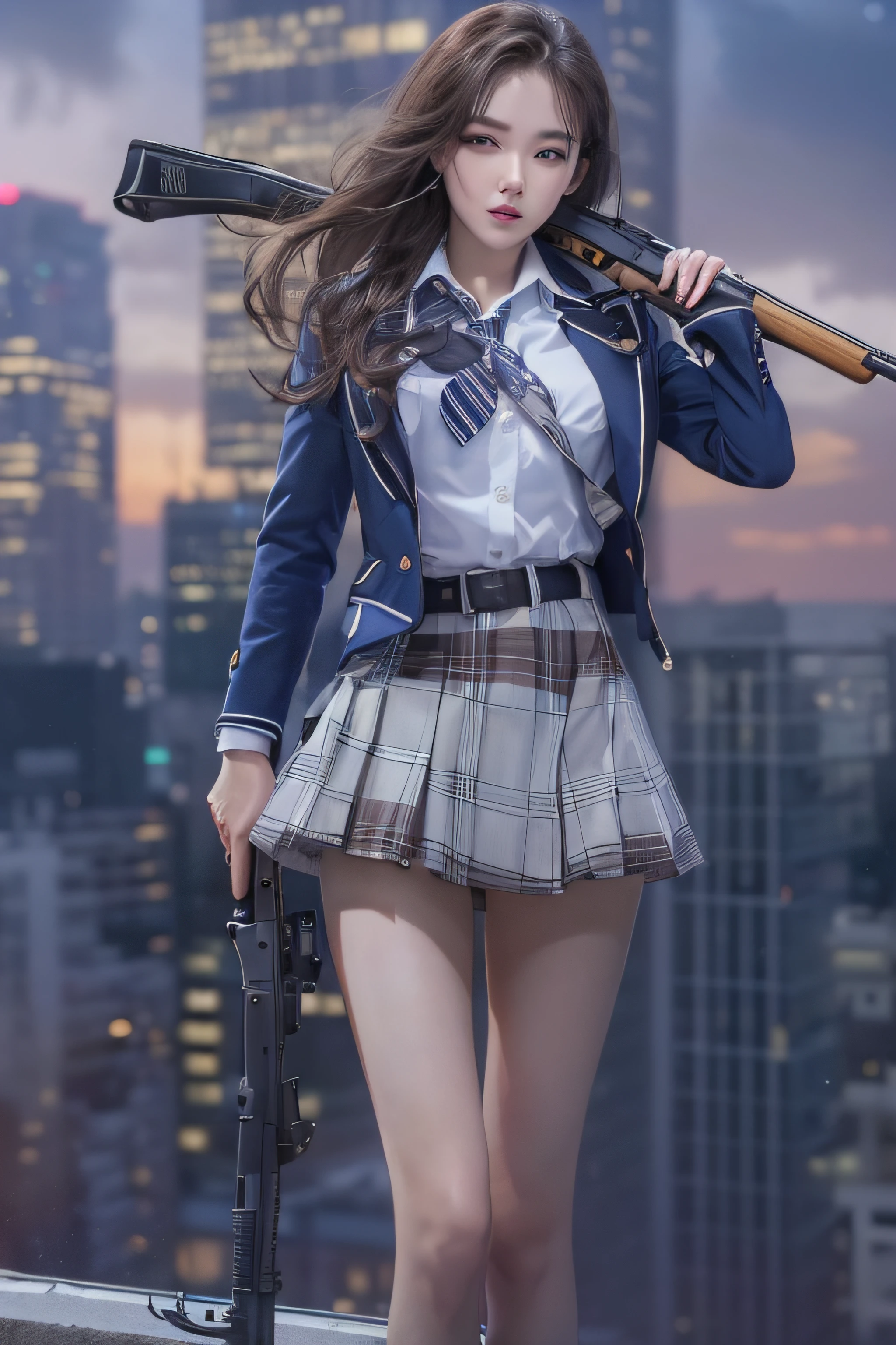 1womanl、(Super beautiful)、(beauitful face:1.5)、(A detailed face:1.5)、is standing、(high-school uniform)、Dark blue jacket、white  shirt、neck tie、Plaid mini skirt、Brown hair、(Dark makeup)、(holding rifle)、(Aim your rifle:1.5)、h&K HK416、(On the roof of a high-rise building)、(Night:1.2)