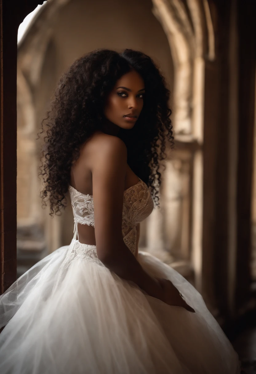 Girl, African American, but with long curly hair, exotic beauty, charismatic, exquisite beauty, slender figure, third size breasts, naked in transparent lingerie, dressed in Gothic style, lying on a bed in a room in a Victorian castle, Victorian style, Gothic, exquisite erotica, masterpiece, artistic photography, artistic photography, artistic painting, 8k, cinematic quality