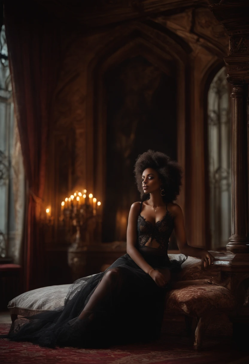 Girl, African American, but with long curly hair, exotic beauty, charismatic, exquisite beauty, slender figure, third size breasts, naked in transparent lingerie, dressed in Gothic style, lying on a bed in a room in a Victorian castle, Victorian style, Gothic, exquisite erotica, masterpiece, artistic photography, artistic photography, artistic painting, 8k, cinematic quality