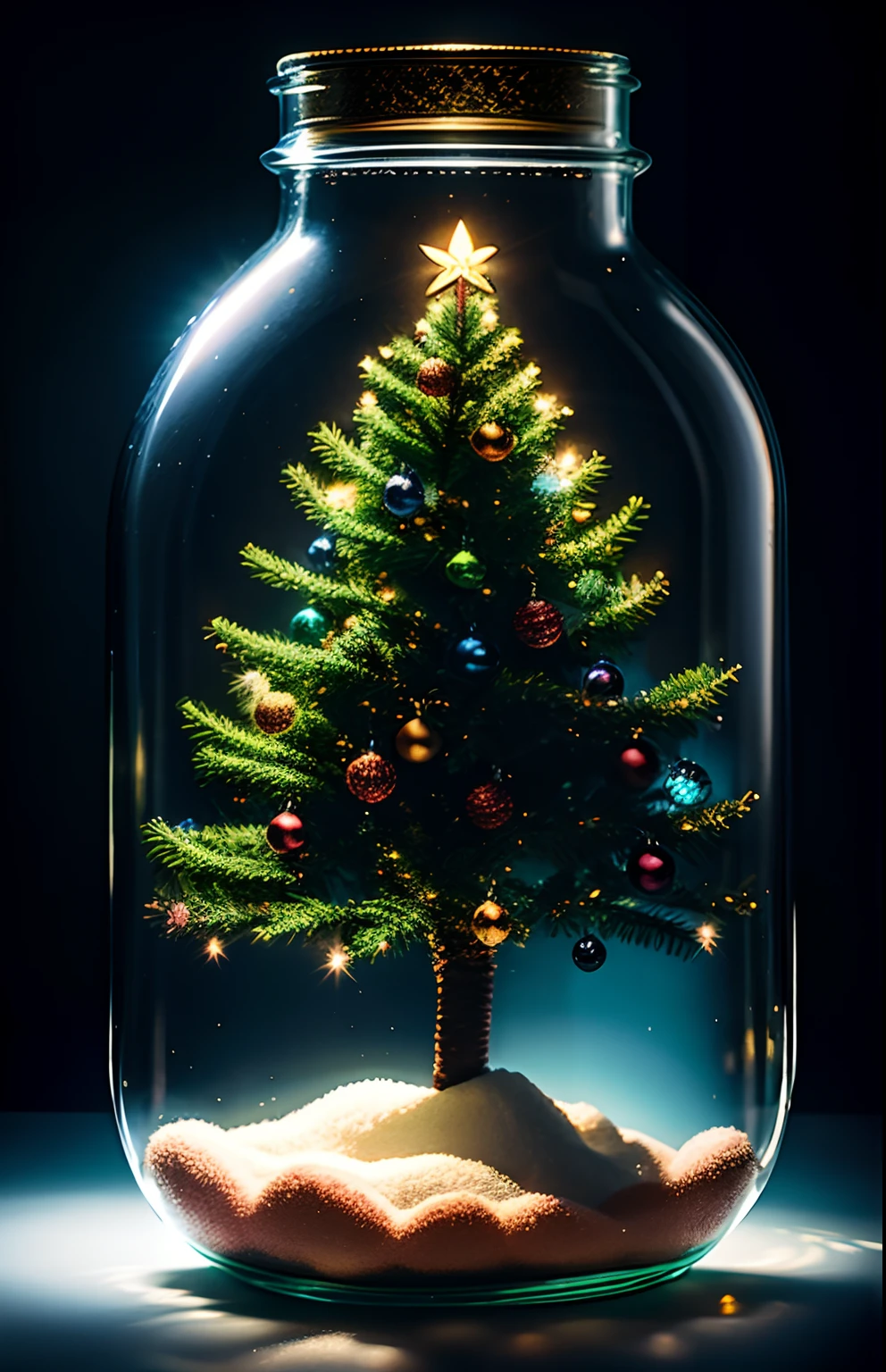 christmas tree in a jar、fluffly、realisitic、Refraction of atmospheric light、Nikon D850 Film Stock Photo by Lee Jefferies 4 Kodak Portra 400 Camera F1.6 lenses Rich colors Ultra-realistic textures Dramatic lighting Unreal Engine Cinestir 800 trending at Art Station、Style Glass