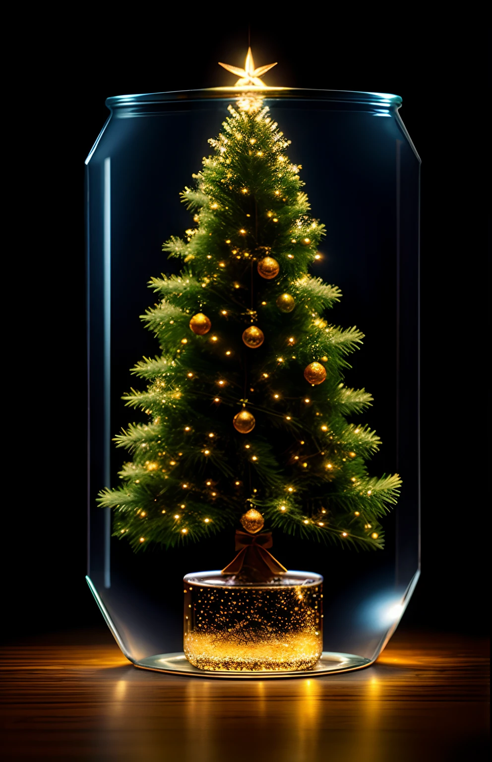 christmas tree in a jar、fluffly、realisitic、Refraction of atmospheric light、Nikon D850 Film Stock Photo by Lee Jefferies 4 Kodak Portra 400 Camera F1.6 lenses Rich colors Ultra-realistic textures Dramatic lighting Unreal Engine Cinestir 800 trending at Art Station、Style Glass