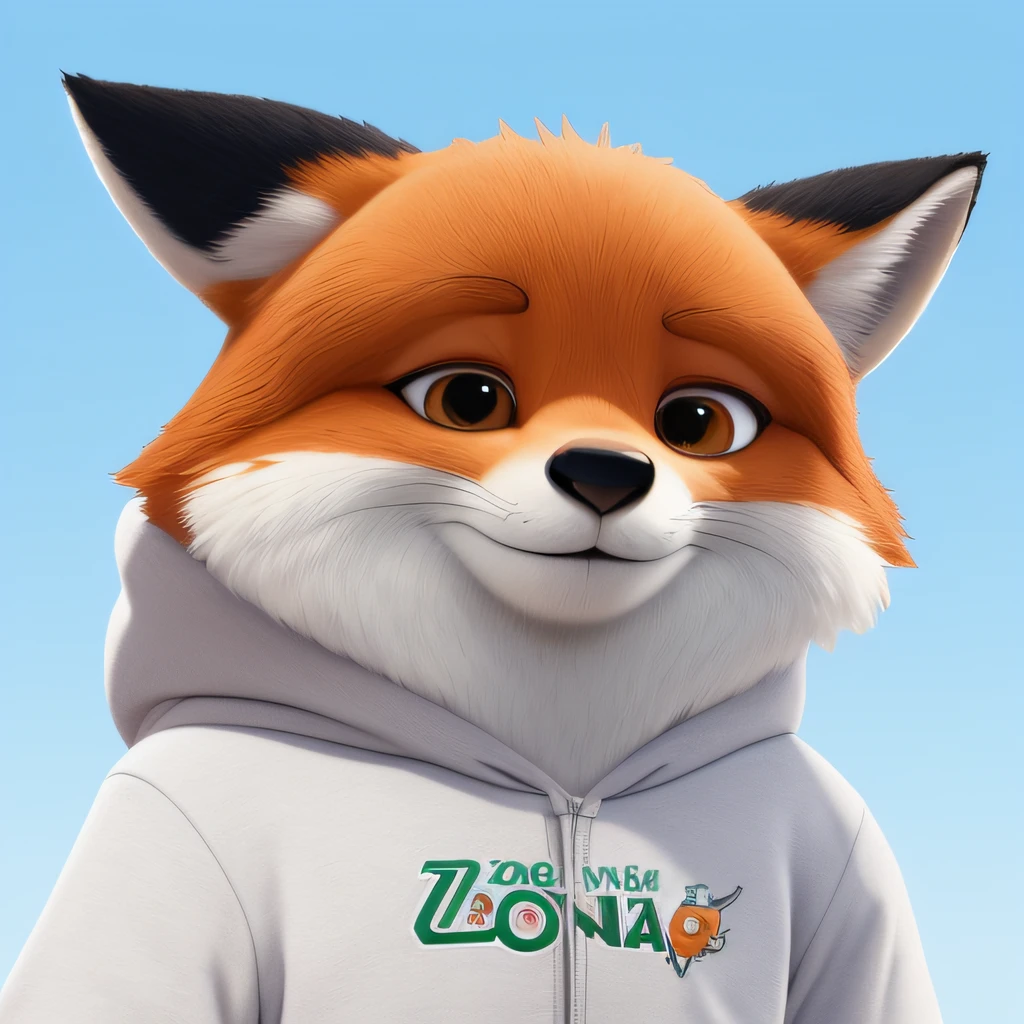 Close-up of cartoon fox in hoodie, 《Zootopia》Nick Wilde, Nick Wilde, Zootopia style, Disney style furry, in zootopia city, Cunning, Disney Zootopia style, zoo style, zootopia movie style, digital fox, zootopia style, offcial art, Disney Pixar Zootopia