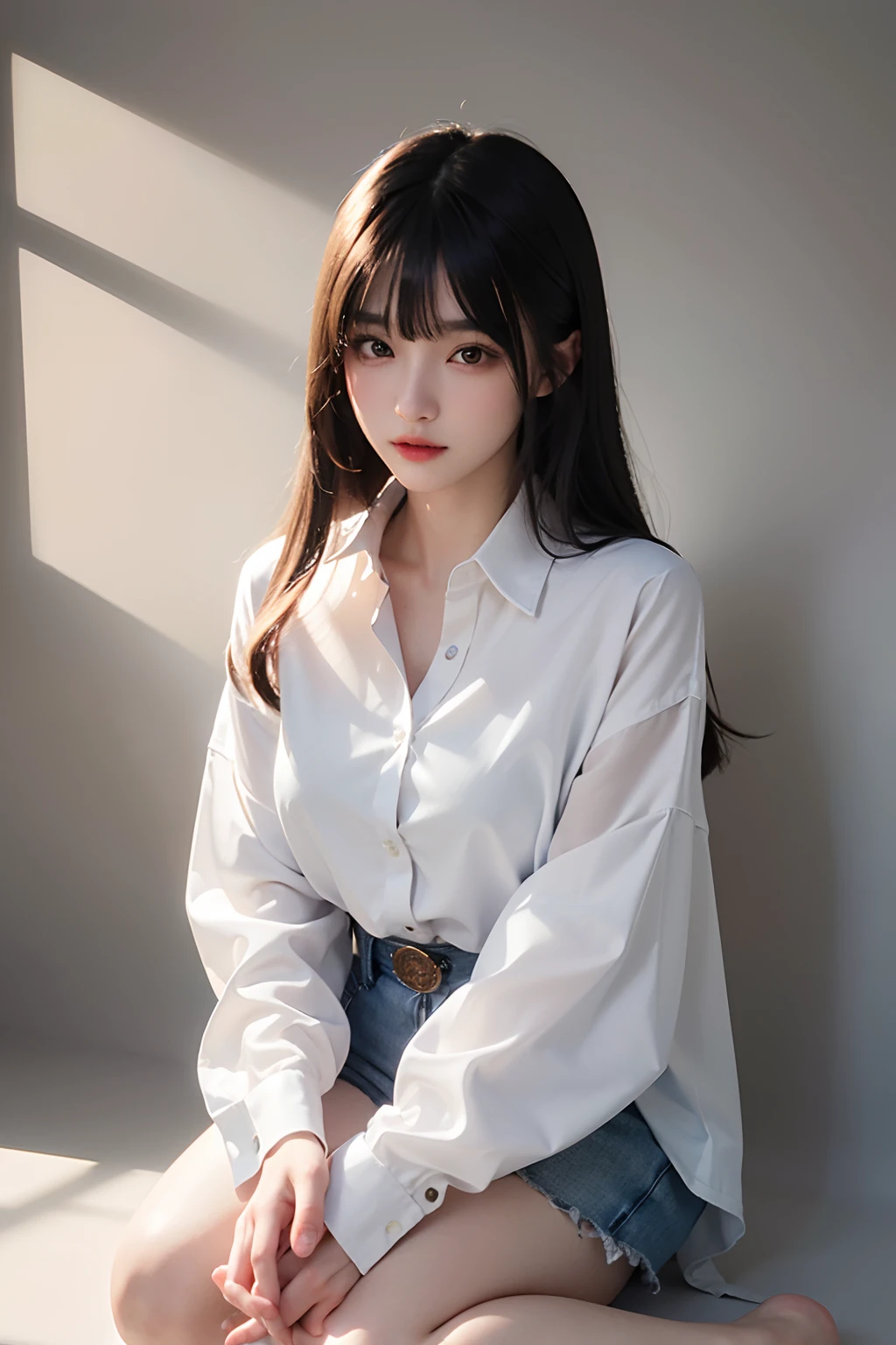超A high resolution,masutepiece,Best Quality,
extremely delicate face,Detailed eyes,very intricate,perfect glossy shiny skins,Perfect Lighting,Detailed Lighting,Dramatic shadows,Ray tracing,
1girll,full body Esbian,white oversized button-up shirt,view the viewer,