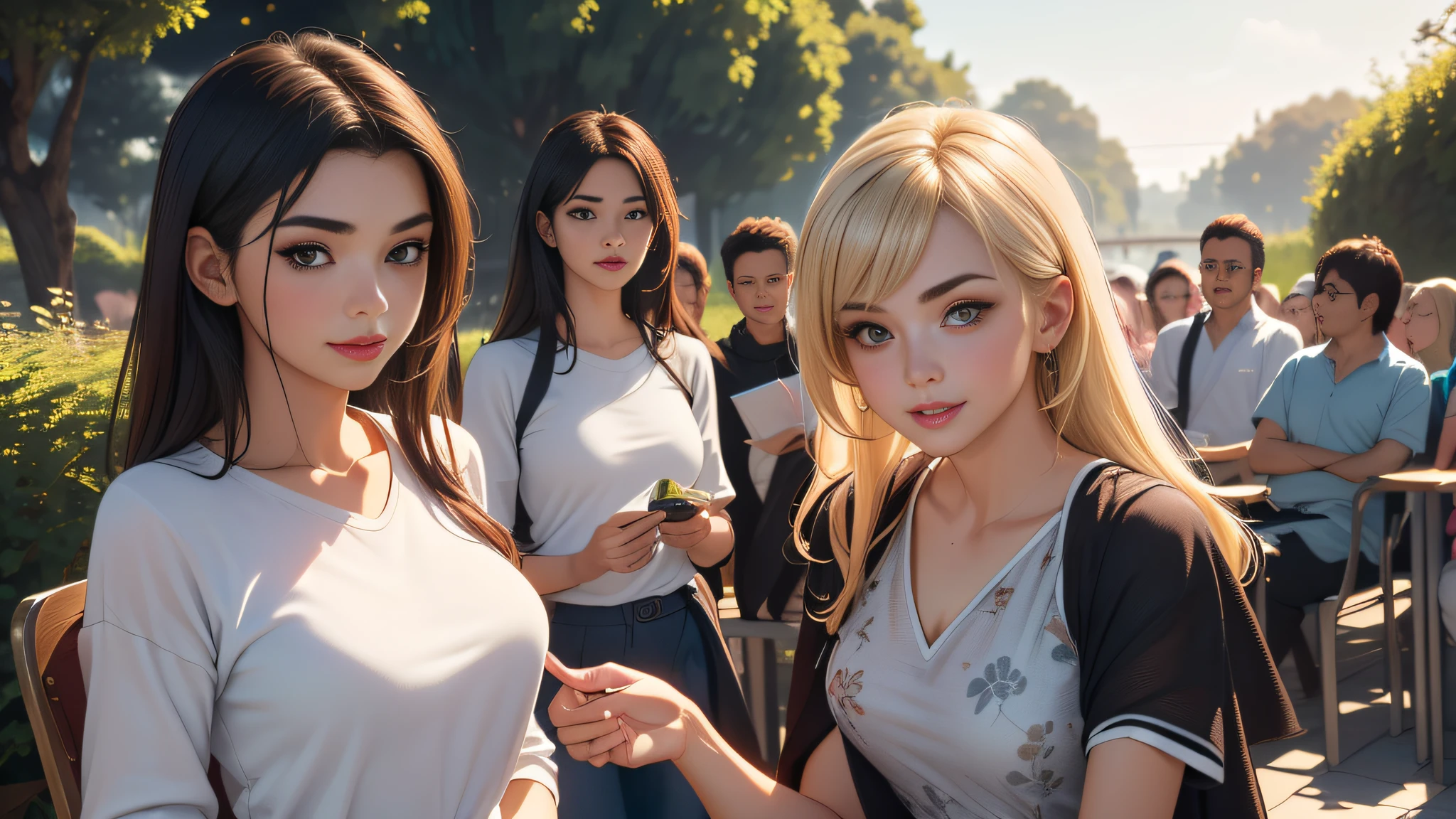 sfw, (Extremely detailed 8k wallpaper:2), (photo:2), (soigne Beautiful girl:2), (gives a lecture to friends:2), detailed (Face and eyes), (hyper realistic:1), (highly detailed:1), (epic realistic:1), rim light, (maximum details:1), cozy, (fullbody:1.3), (looking at viewer:2), (Woman's Attractive Qualities:2), (Attractive Woman:2), (Attractive:2), Smile, Intelligence, Empathy, Gracefulness, Sense of Style, Fitness, Grooming, Optimism, (Sensitivity:2), Sincerity, Romantic Gestures, Playfulness, Fashion Sense, (Sensuality:2), Charm, Modesty, Thoughtfulness, (Femininity:1), Flirtatiousness, Warmth, (Physical attractiveness:2), A beautiful smile, A love of life, strength and power, vulnerability, curiosity, wonder, love, (nature background:2), kawaii, waifu, Beautiful breasts, (attractive body:2), (Beautiful body:2), Beautiful pose, attractive pose, (Beautiful legs:1.0), (spread legs:1.0), (Beautiful clothes:1), (classic clothes:2), (elegant clothes:2), (European clothes:2), detailed clothes, (skirt:1), (blouse:1), (provocative pose)
