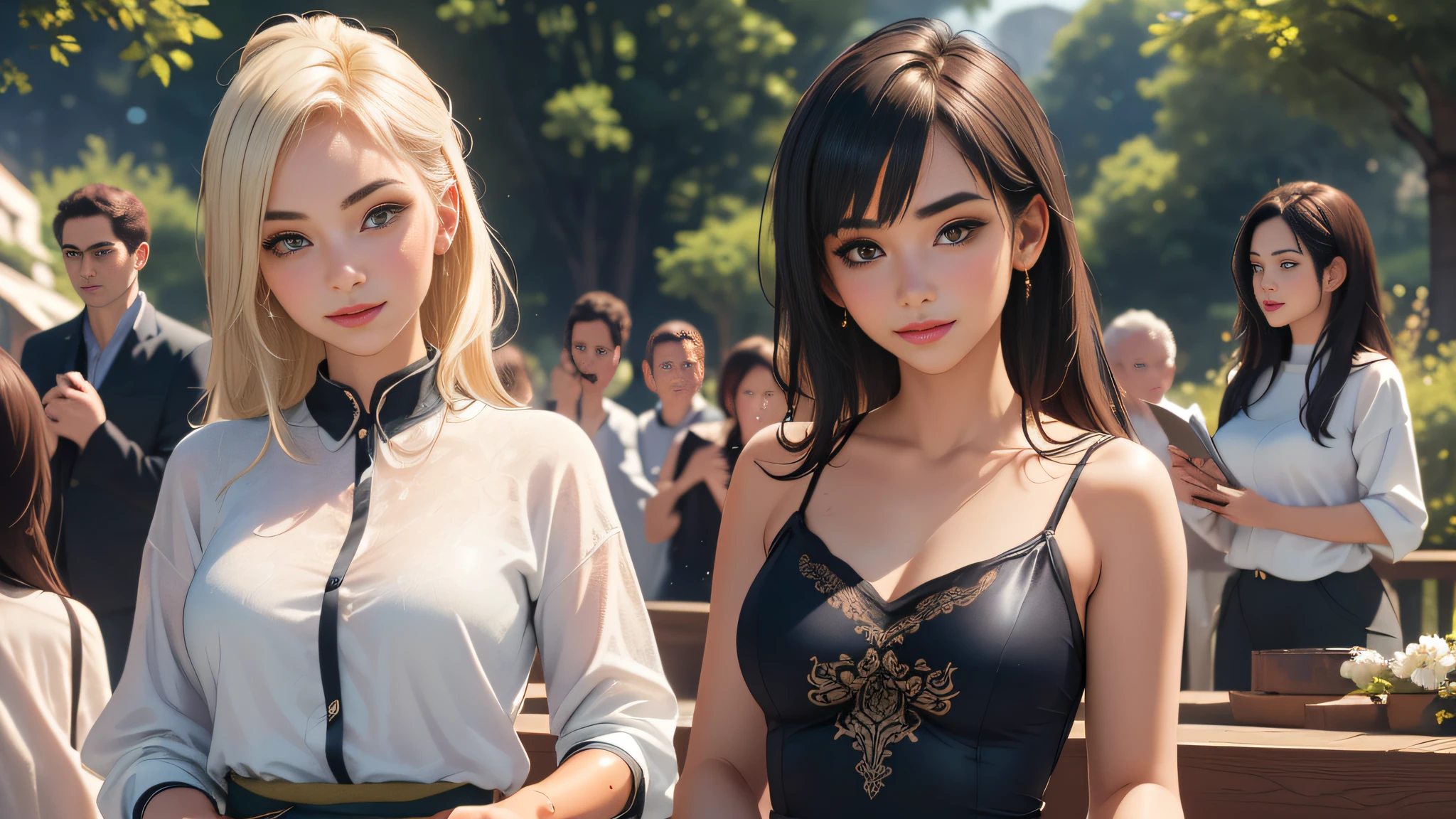 sfw, (Extremely detailed 8k wallpaper:2), (photo:2), (soigne Beautiful girl:2), (gives a lecture to friends:2), detailed (Face and eyes), (hyper realistic:1), (highly detailed:1), (epic realistic:1), rim light, (maximum details:1), cozy, (fullbody:1.3), (looking at viewer:2), (Woman's Attractive Qualities:2), (Attractive Woman:2), (Attractive:2), Smile, Intelligence, Empathy, Gracefulness, Sense of Style, Fitness, Grooming, Optimism, (Sensitivity:2), Sincerity, Romantic Gestures, Playfulness, Fashion Sense, (Sensuality:2), Charm, Modesty, Thoughtfulness, (Femininity:1), Flirtatiousness, Warmth, (Physical attractiveness:2), A beautiful smile, A love of life, strength and power, vulnerability, curiosity, wonder, love, (nature background:2), kawaii, waifu, Beautiful breasts, (attractive body:2), (Beautiful body:2), Beautiful pose, attractive pose, (Beautiful legs:1.0), (spread legs:1.0), (Beautiful clothes:1), (classic clothes:2), (elegant clothes:2), (European clothes:2), detailed clothes, (skirt:1), (blouse:1), (provocative pose)
