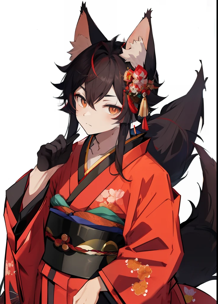 male people、A dark-haired、Fox ears、Kimono、25-years old、has a fox mask、high-level image quality