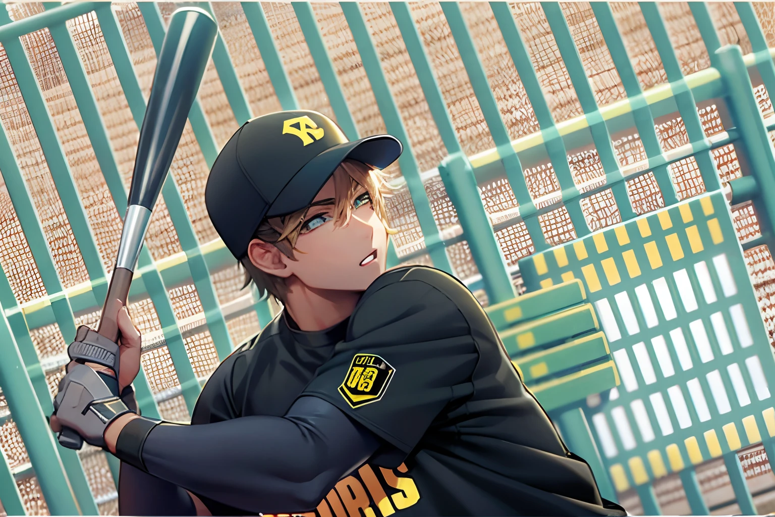 Baseball,batt,male people,Black uniform,yellow text
