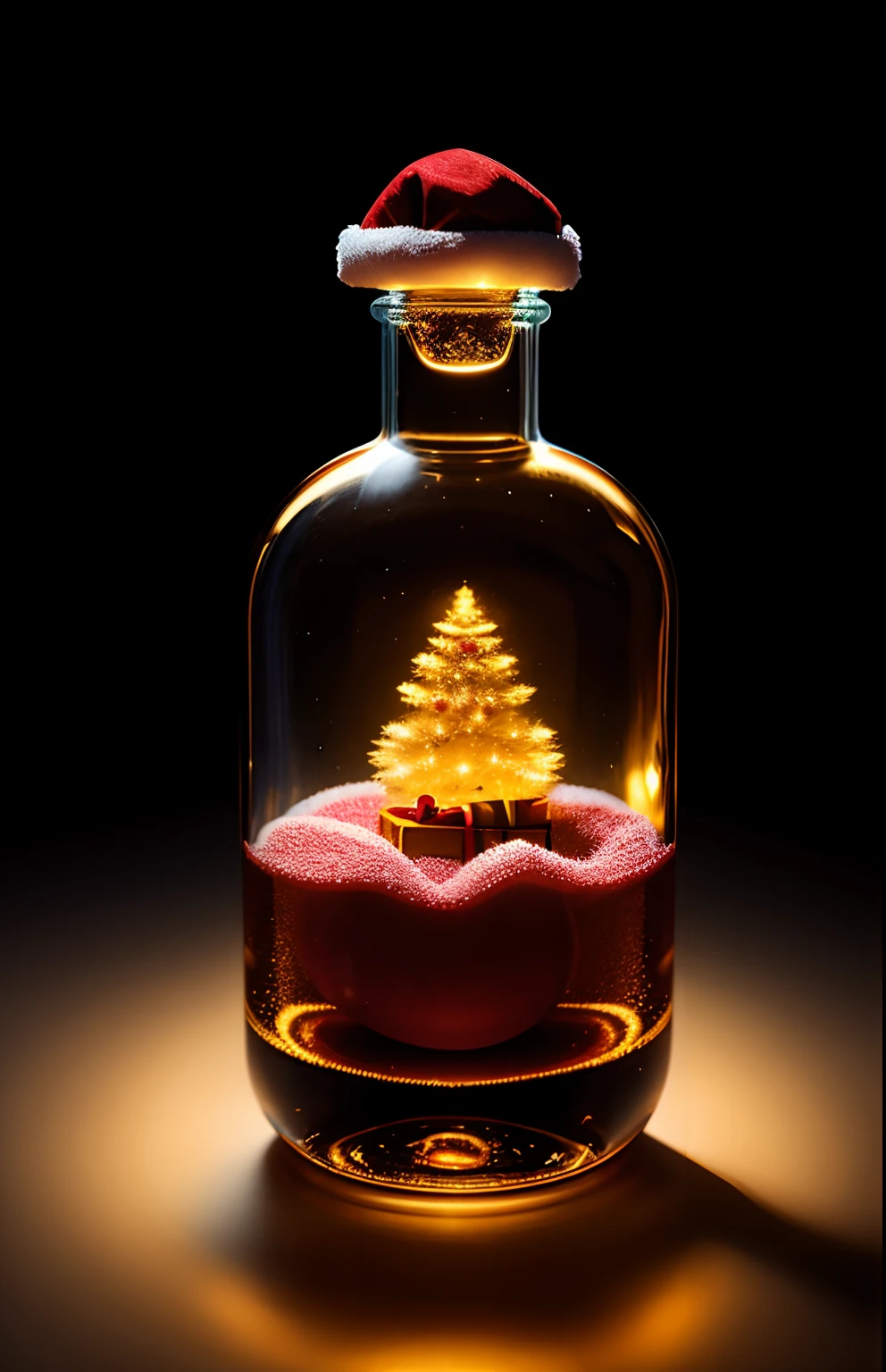 santa claus in a bottle、fluffly、realisitic、Refraction of atmospheric light、Nikon D850 Film Stock Photo by Lee Jefferies 4 Kodak Portra 400 Camera F1.6 lenses Rich colors Ultra-realistic textures Dramatic lighting Unreal Engine Cinestir 800 trending at Art Station、Style Glass