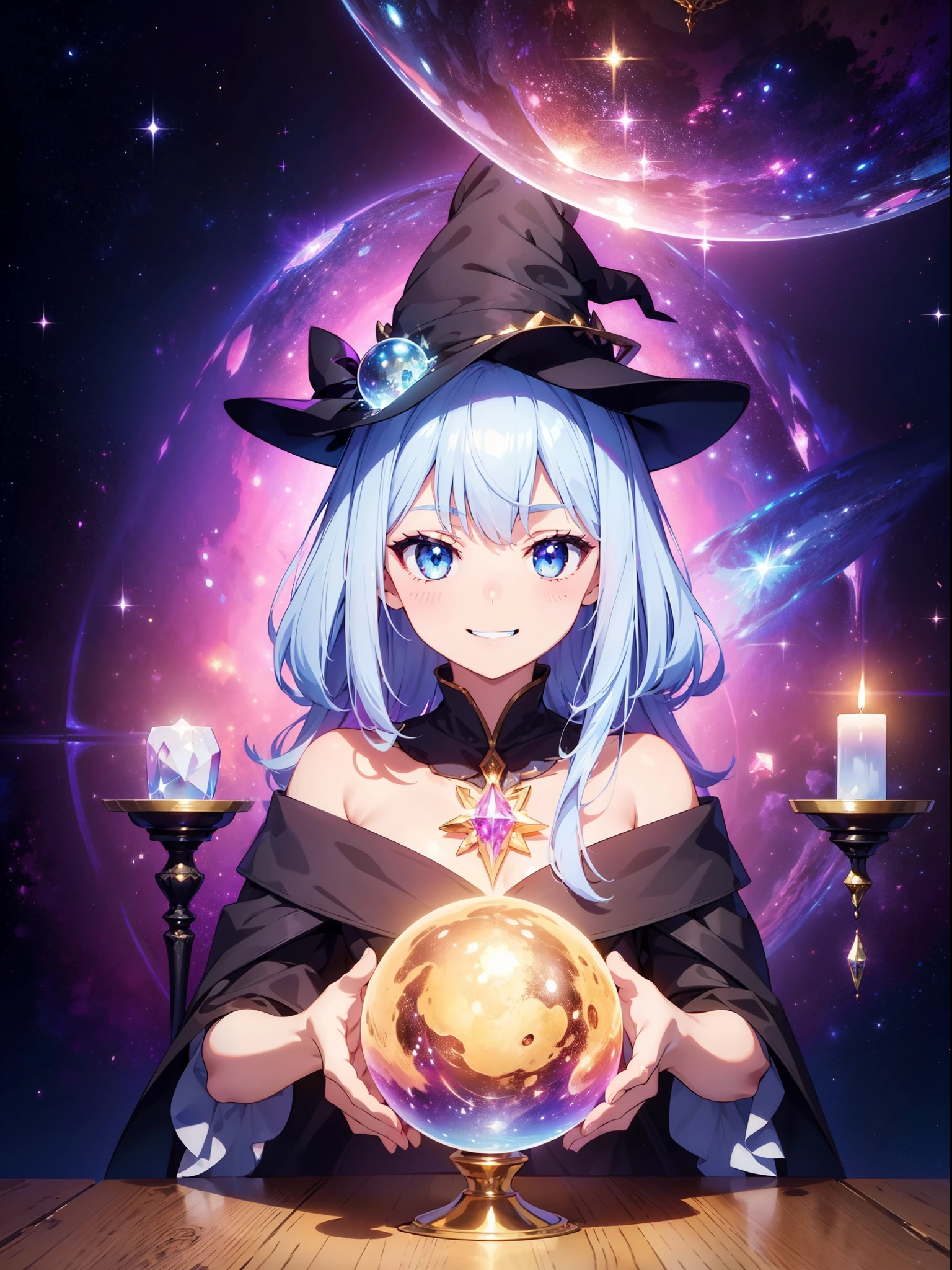 1 cute girl, concept art,fantasy art, hands up, elbows on table, face palm , (crystal ball that reflects the galaxy) , candle, close to viewer, face focus,( grin ), witch hat, background black , ((masterpiece)), ((best quality)), ((ultra-detailed)), (illustration), ((an extremely delicate and beautiful))