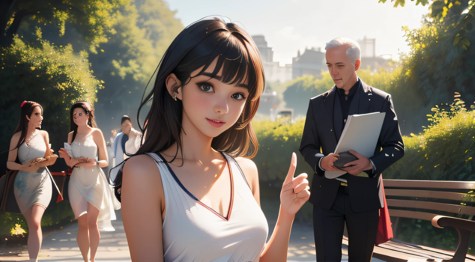 sfw, (Extremely detailed 8k wallpaper:2), (photo:2), (soigne Beautiful girl:2), (gives a lecture to friends:2), detailed (Face and eyes), (hyper realistic:1), (highly detailed:1), (epic realistic:1), rim light, (maximum details:1), cozy, (fullbody:1.3), (looking at viewer:2), (Woman's Attractive Qualities:2), (Attractive Woman:2), (Attractive:2), Smile, Intelligence, Empathy, Gracefulness, Sense of Style, Fitness, Grooming, Optimism, (Sensitivity:2), Sincerity, Romantic Gestures, Playfulness, Fashion Sense, (Sensuality:2), Charm, Modesty, Thoughtfulness, (Femininity:1), Flirtatiousness, Warmth, (Physical attractiveness:2), A beautiful smile, A love of life, strength and power, vulnerability, curiosity, wonder, love, (nature background:2), kawaii, waifu, Beautiful breasts, (attractive body:2), (Beautiful body:2), Beautiful pose, attractive pose, (Beautiful legs:1.0), (spread legs:1.0), (Beautiful clothes:1), (classic clothes:2), (elegant clothes:2), (European clothes:2), detailed clothes, (skirt:1), (blouse:1), (provocative pose)