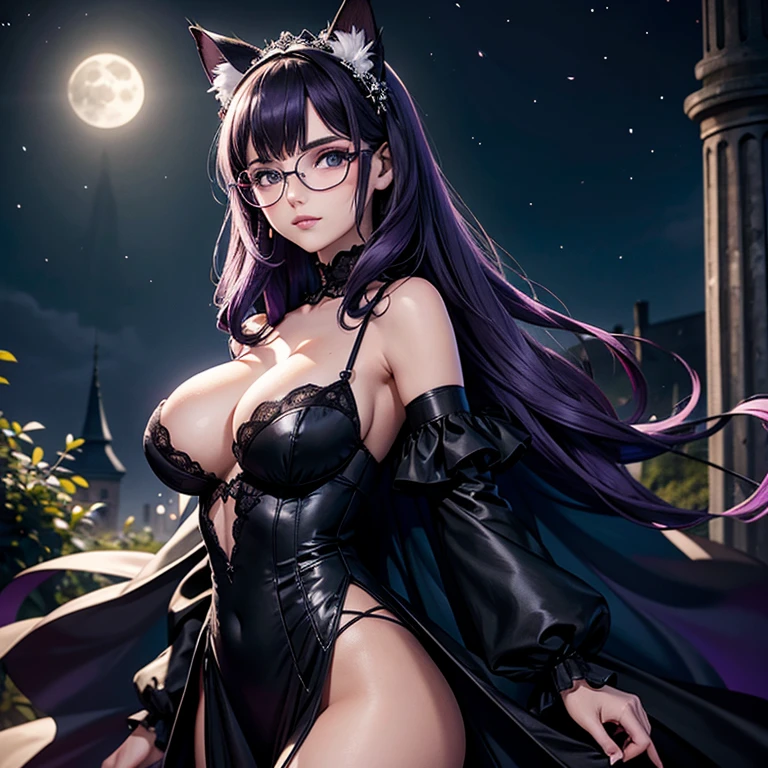 une femme adulte avec des lunettes dans un parc ,Black wedding dress with sleeves, Robe moulante, robe près du corps, black wedding viel, ta , gothiques, long Dress, Bending in front of camera , cat ears, Dark and purple hair, cheveux noirs et mèches violettes, oreilles de chat sur la tête, gros seins, belle poitrine , Décolleté important, Avatar de seconde vie, Belle capture d’écran, charme , Seconde vie, femme séduisante, portant des lunettes noires brillantes, Full Moon, Dark Sky, Night, objectif sur sa poitrine, se penche en direction du photographe, regarde le photographe , vue rapprochée sur le sujet, vie sur le décolleté