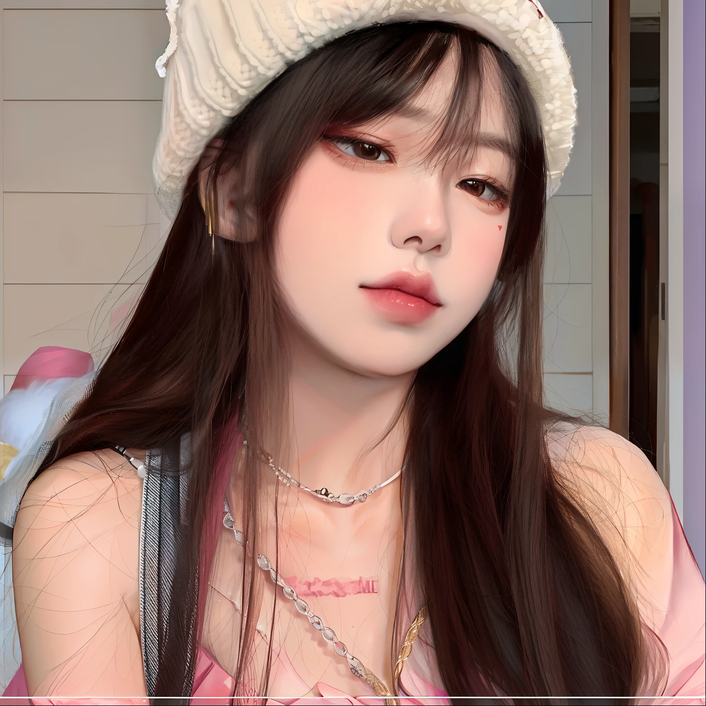 araffe girl with long hair wearing a white hat and a pink blouse, Ulzzang, wearing a chocker and cute hat, menina coreana, wan adorable korean face, young adorable korean face, linda mulher coreana jovem, young cute wan asian face, cruel korean goth girl, Lalisa Manobal, Mulher sul-coreana bonita, wearing a cute hat, Jinyoung Canela