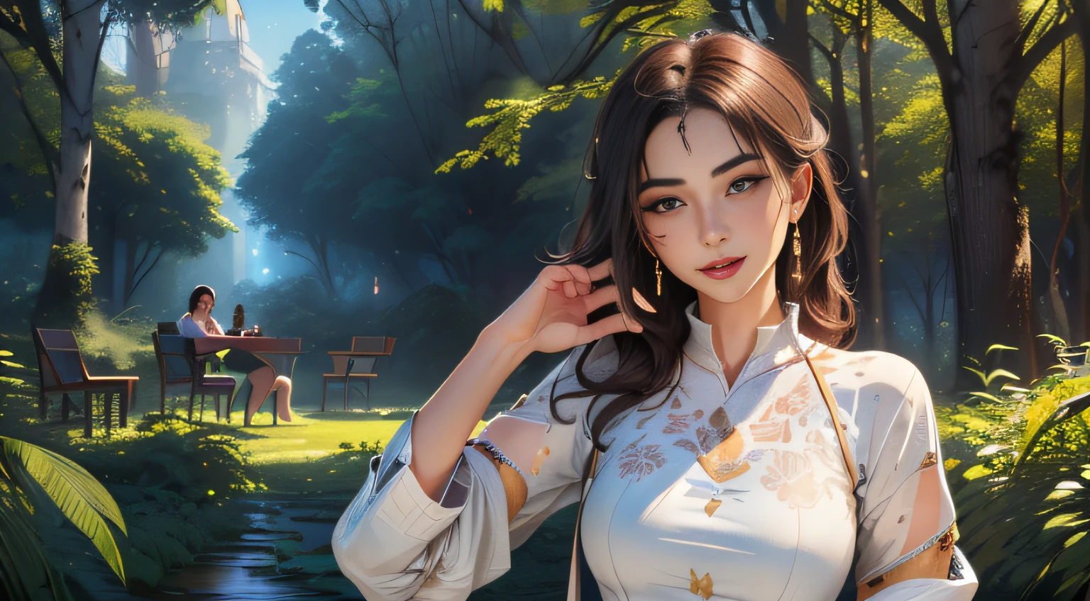 sfw, (Extremely detailed 8k wallpaper:2), (photo:2), (soigne Beautiful girl:2), (gives a lecture to friends:2), detailed (Face and eyes), (hyper realistic:1), (highly detailed:1), (epic realistic:1), rim light, (maximum details:1), cozy, (fullbody:1.3), (looking at viewer:2), (Woman's Attractive Qualities:2), (Attractive Woman:2), (Attractive:2), Smile, Intelligence, Empathy, Gracefulness, Sense of Style, Fitness, Grooming, Optimism, (Sensitivity:2), Sincerity, Romantic Gestures, Playfulness, Fashion Sense, (Sensuality:2), Charm, Modesty, Thoughtfulness, (Femininity:1), Flirtatiousness, Warmth, (Physical attractiveness:2), A beautiful smile, A love of life, strength and power, vulnerability, curiosity, wonder, love, (nature background:2), kawaii, waifu, Beautiful breasts, (attractive body:2), (Beautiful body:2), Beautiful pose, attractive pose, (Beautiful legs:1.0), (spread legs:1.0), (Beautiful clothes:1), (classic clothes:2), (elegant clothes:2), (European clothes:2), detailed clothes, (skirt:1), (blouse:1), (provocative pose)