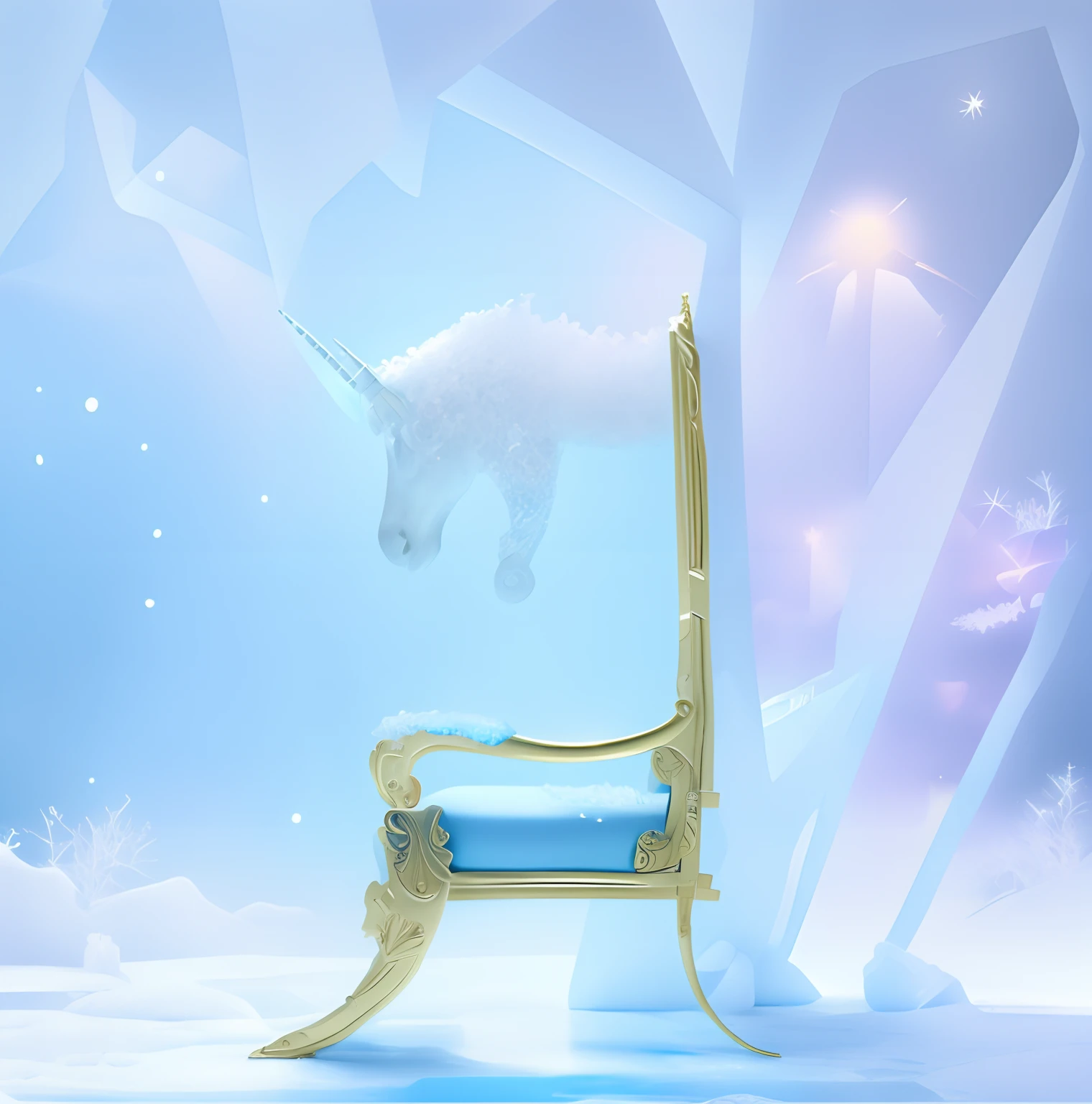 There is a chair sitting on the table，chair border gold，mat blue，The ice seat in the shape of a unicorn is like an ice sculpture of art，It shows the perfect combination of magnificence and mystery。Its seat is based on brilliant ice crystals，It's like a layer of pure ice，It is reminiscent of a fairyland in the kingdom of ice and snow。The armrests and backrest of the seat are delicately carved into the image of a unicorn，true to life，It is as if you can feel the mysterious power of the unicorn blending into it。When people sit in this chair，It seems to be connected to a unicorn，Feel the auspicious and auspicious atmosphere。The ice seat exudes a chilly atmosphere，Liberate people from the heat of summer，Bring a touch of coolness and comfort。The perfect combination of ice crystals and unicorns，Make this chair a unique highlight in the space，Immerse people in a fantastical artistic atmosphere。Whether it's placed indoors or outdoors，The ice seats in the style of unicorns can add a mysterious and sophisticated temperament to the environment，Let people feel the wonderful feeling of being in harmony with nature。Let us indulge in the ice seat in the style of a unicorn，Feel the wonderful experience of mystery and coldness。