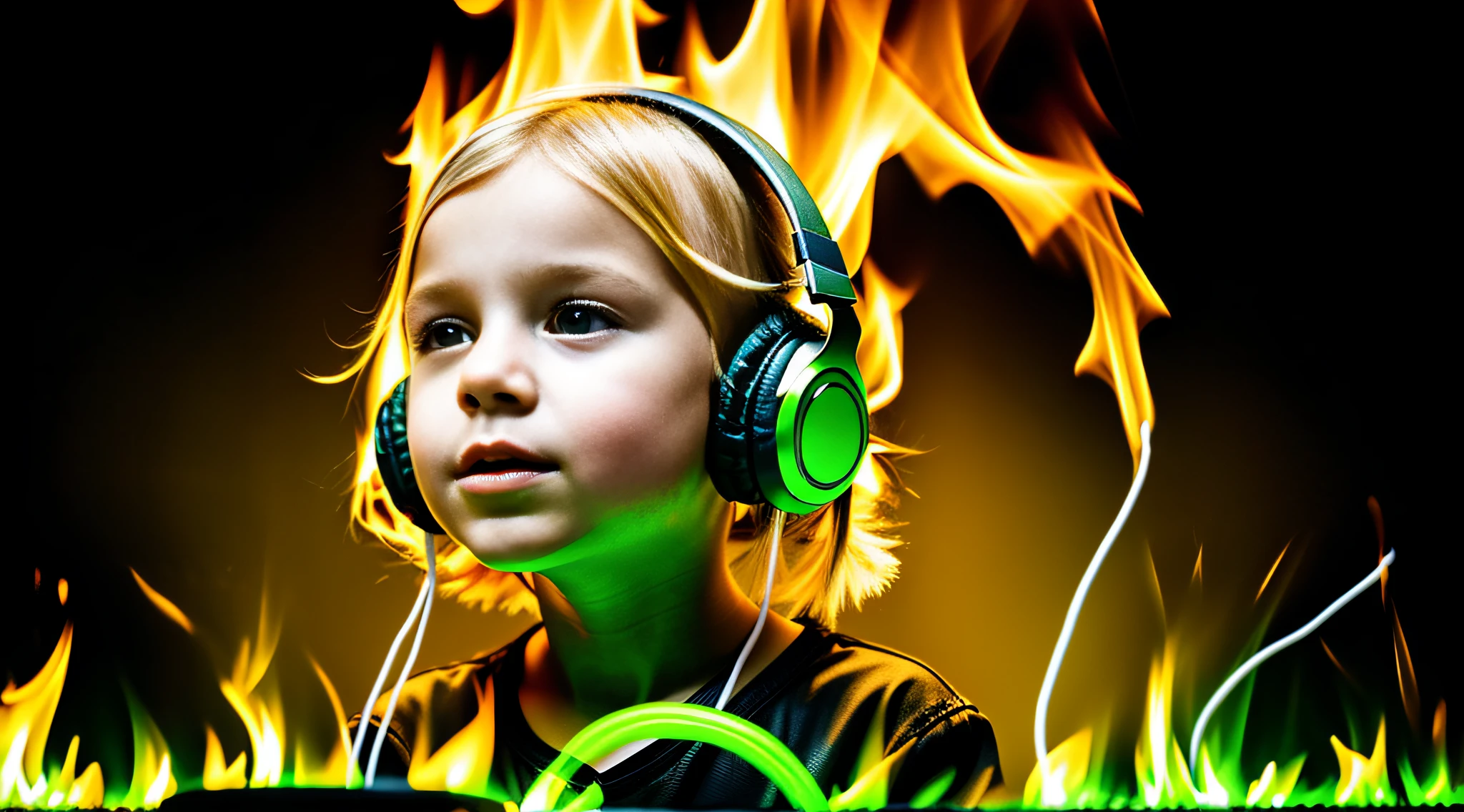 Image of a CHILD BLONDE girl with headphones playing music, Atom and Evil, DJ, fire and GREEN FIRE , FLAMME, BURN , FOGO, GREEN, VERDE.