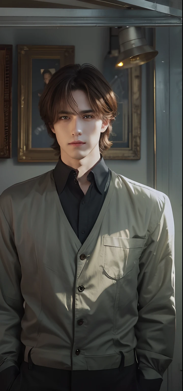 A man with realistic brown hair, realistic yellow eyes, exactly the same realistic hair style, realistic handsome face, realistic cool expression, adapt the exact same clothes, realistic light, realistic shadows, realistic background, realistic room,Nice realistic body