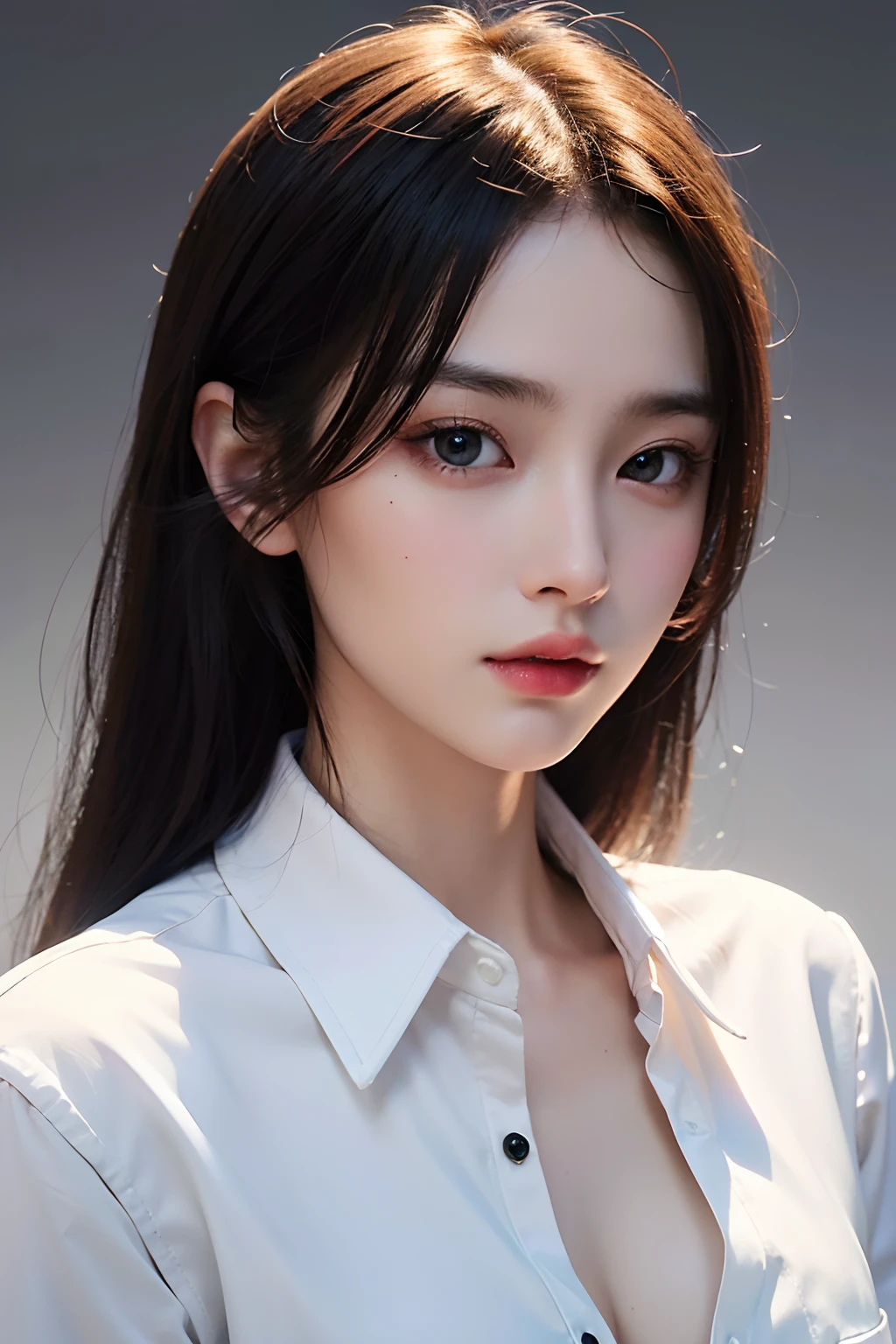 (Highly detailed CG unity 8k wallpaper), (masterpiece), (best quality), (super detailed), (best illustration), (best shadow), (photorealistic: 1.4), real human skin, lens flare, shade, backlight, depth of field, natural light, hard focus, film grain, ntsw, one girl, 18 years old, solo, skinny, (upside down clothes, Oversized white shirt:1.2, open shirt), pale skin, soft lips, (light eyebrows: 1.4), brown eyes, black long straight hair, (small breasts), being in the classroom, suggestive, nsfw:0.5